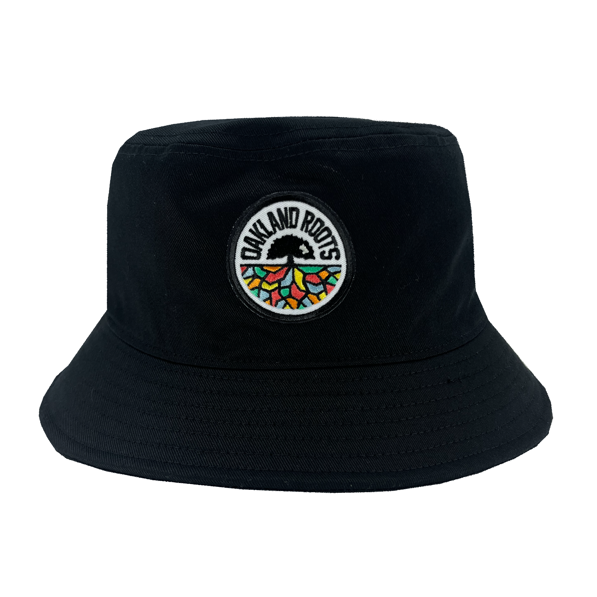 The Oakland Roots SC Bucket Hat by Oakland Roots SC is a black hat featuring a round embroidered patch on the front with "OAKLAND ROOTS" written on it. The patch also showcases a stylized tree with multicolored roots spreading out in a semi-circular pattern, including red, green, yellow, and blue, symbolizing the vibrant spirit of the sports club.