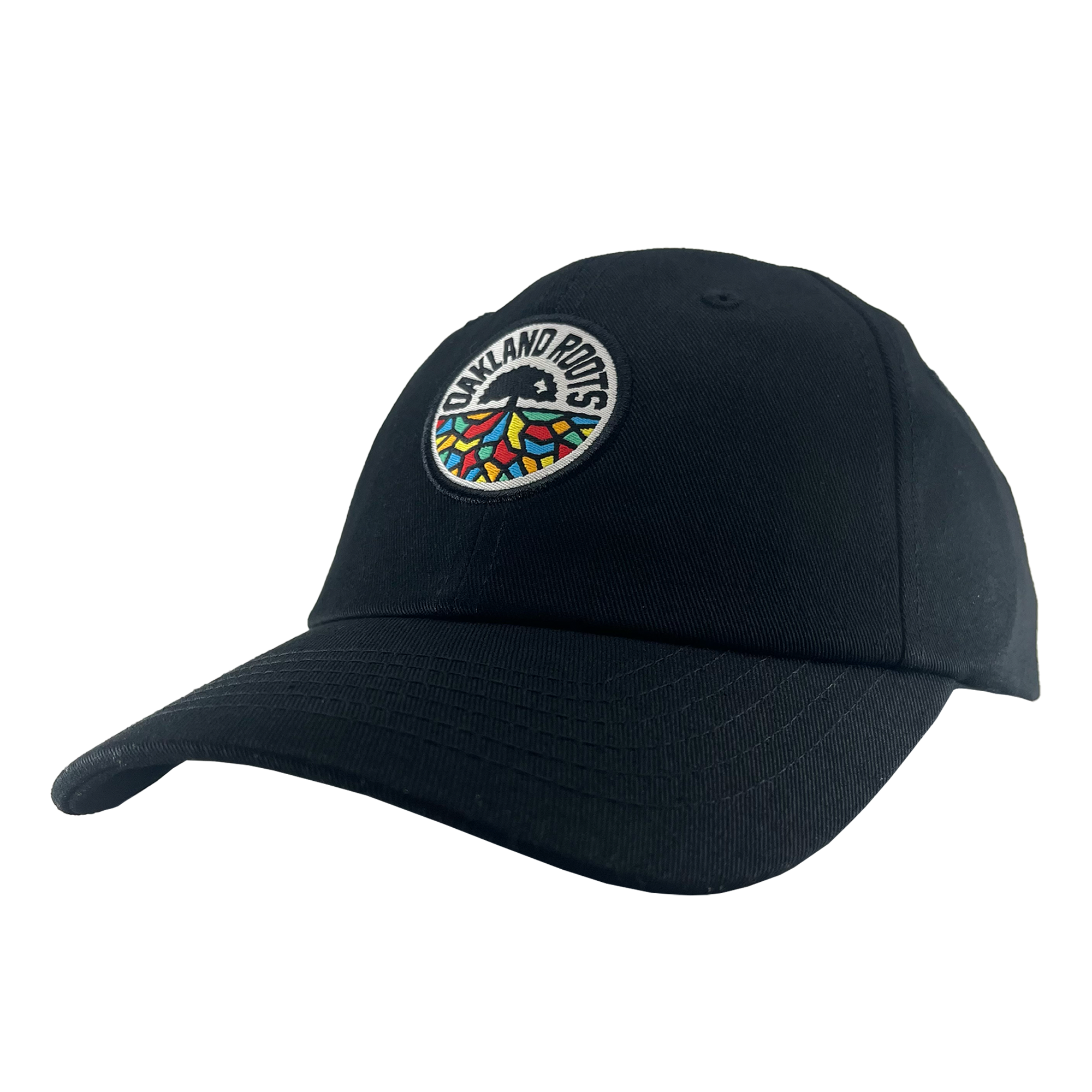 The Oakland Roots SC Logo Curved Visor Hat from Oakland Roots SC is a black baseball cap featuring a colorful circular patch on the front that showcases a tree with multicolored roots, encircled by the text "OAKLAND ROOTS." Designed to represent the Oakland Roots sports club, this hat boasts a curved brim and a structured design, making it perfect for fans passionate about supporting social good.