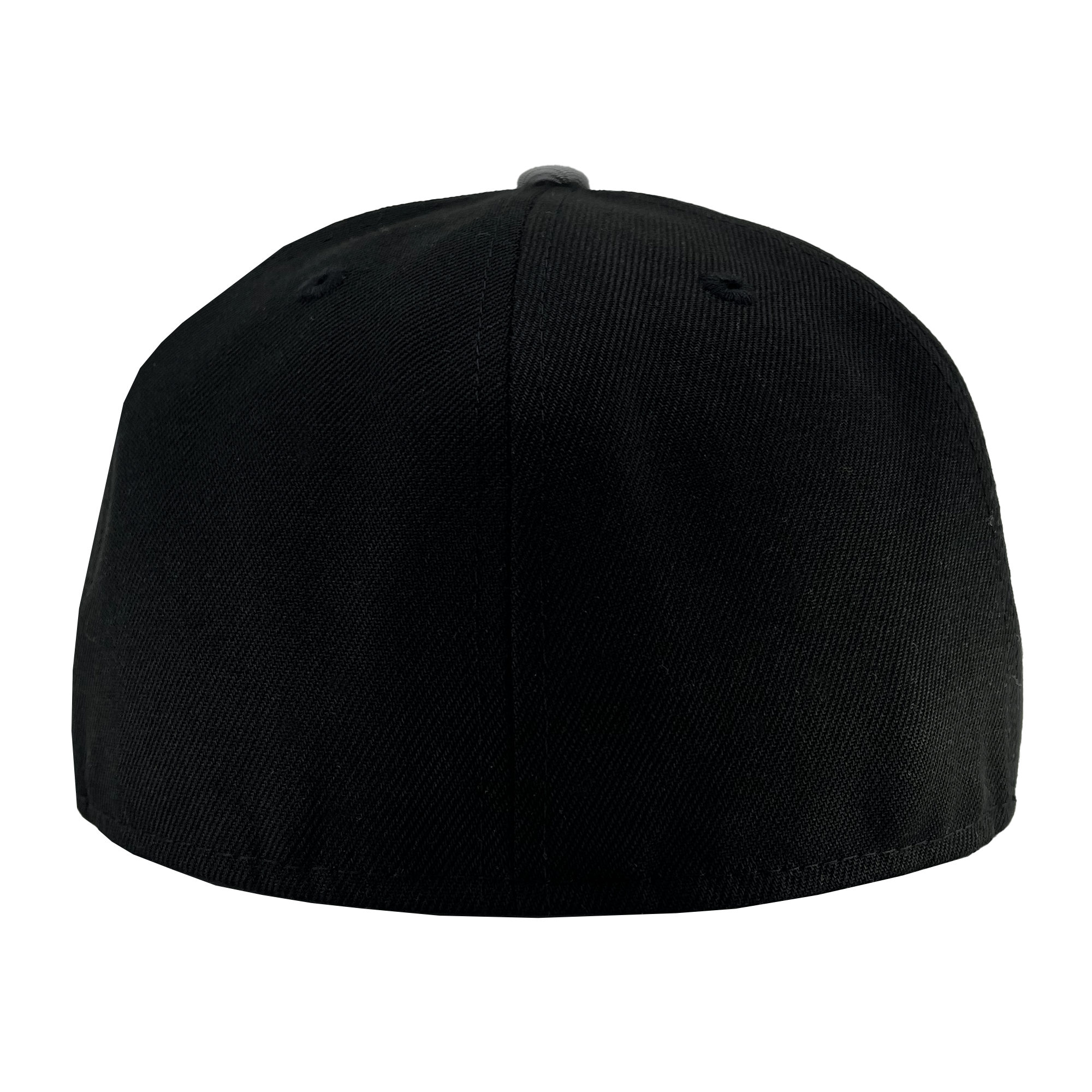 The image displays the back view of a plain black New Era Oakland Roots SC 59FIFTY Cap. The cap features a sleek, smooth finish with no visible seams or patterns. Two small ventilation holes are positioned on the back near the top, one on each side. The fabric appears to be sturdy and well-crafted.