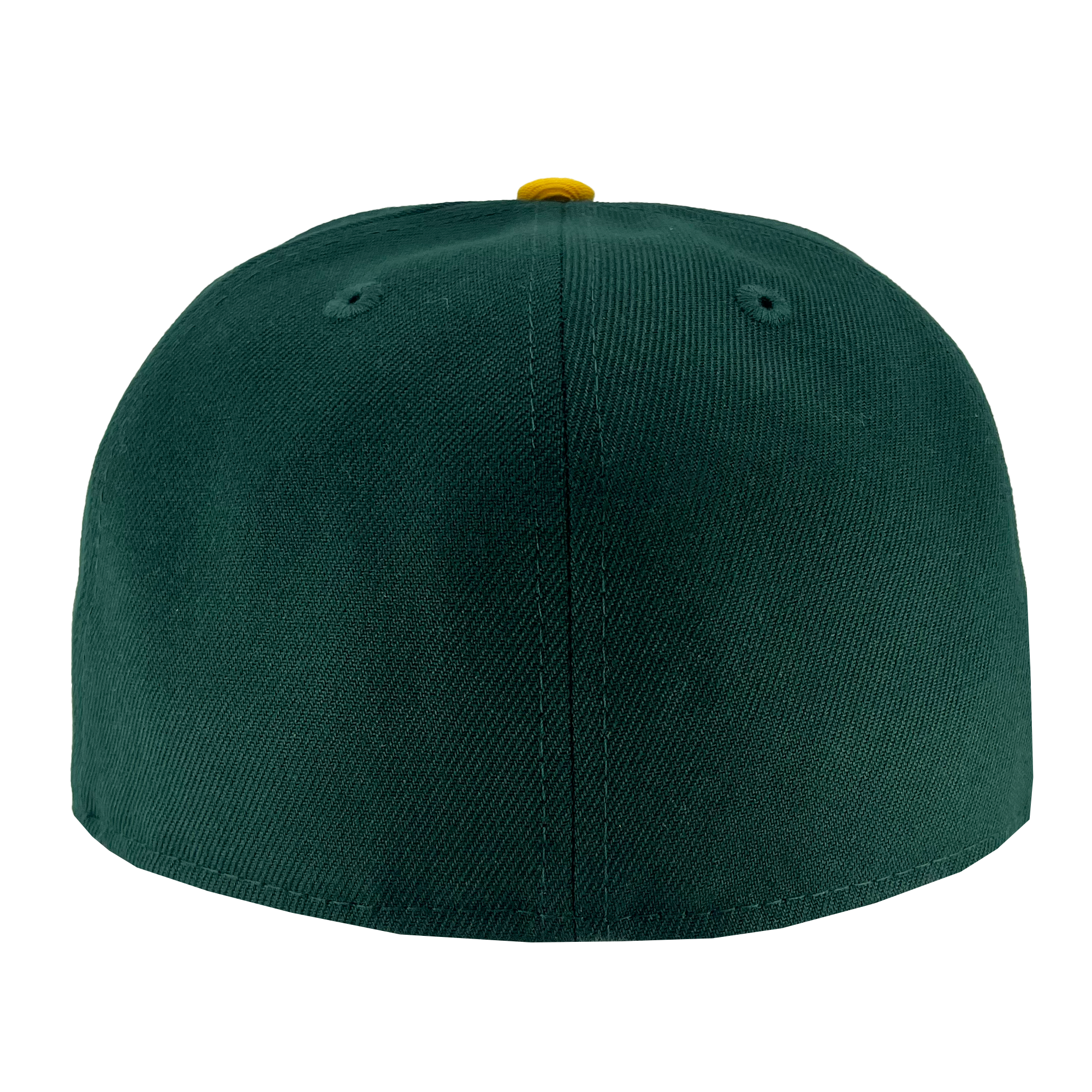 A dark green New Era Oakland Roots SC 59FIFTY cap shown from the back, featuring two small ventilation holes near the top. The cap is plain with a smooth texture and has a small yellow button stitched at the top center.