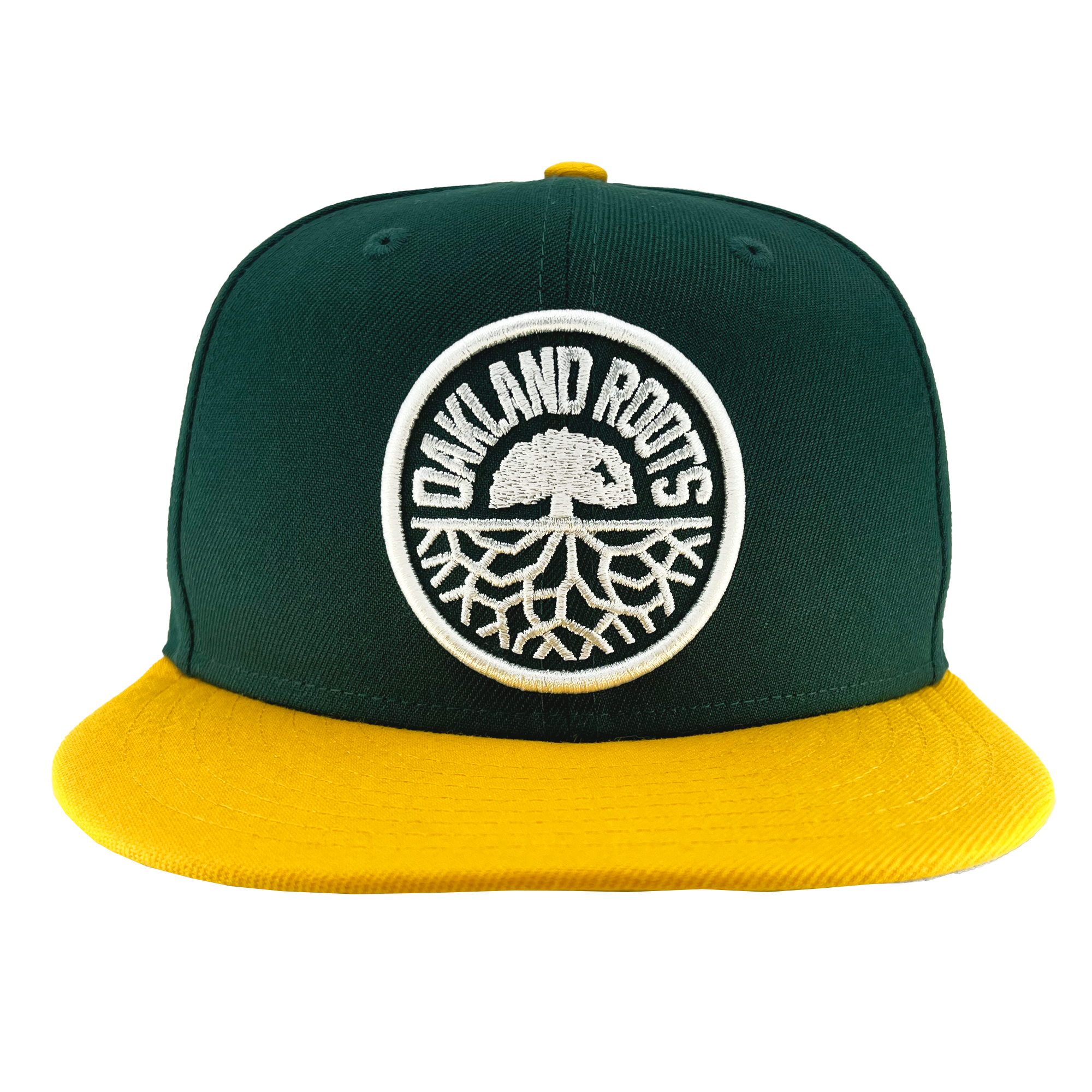 The New Era Oakland Roots SC 59FIFTY Cap by Oakland Roots SC features a green crown and a yellow brim. The front displays a circular logo illustrating a tree with roots, encircled by the text "OAKLAND ROOTS" in white—ideal for any Oaklandish outfit.