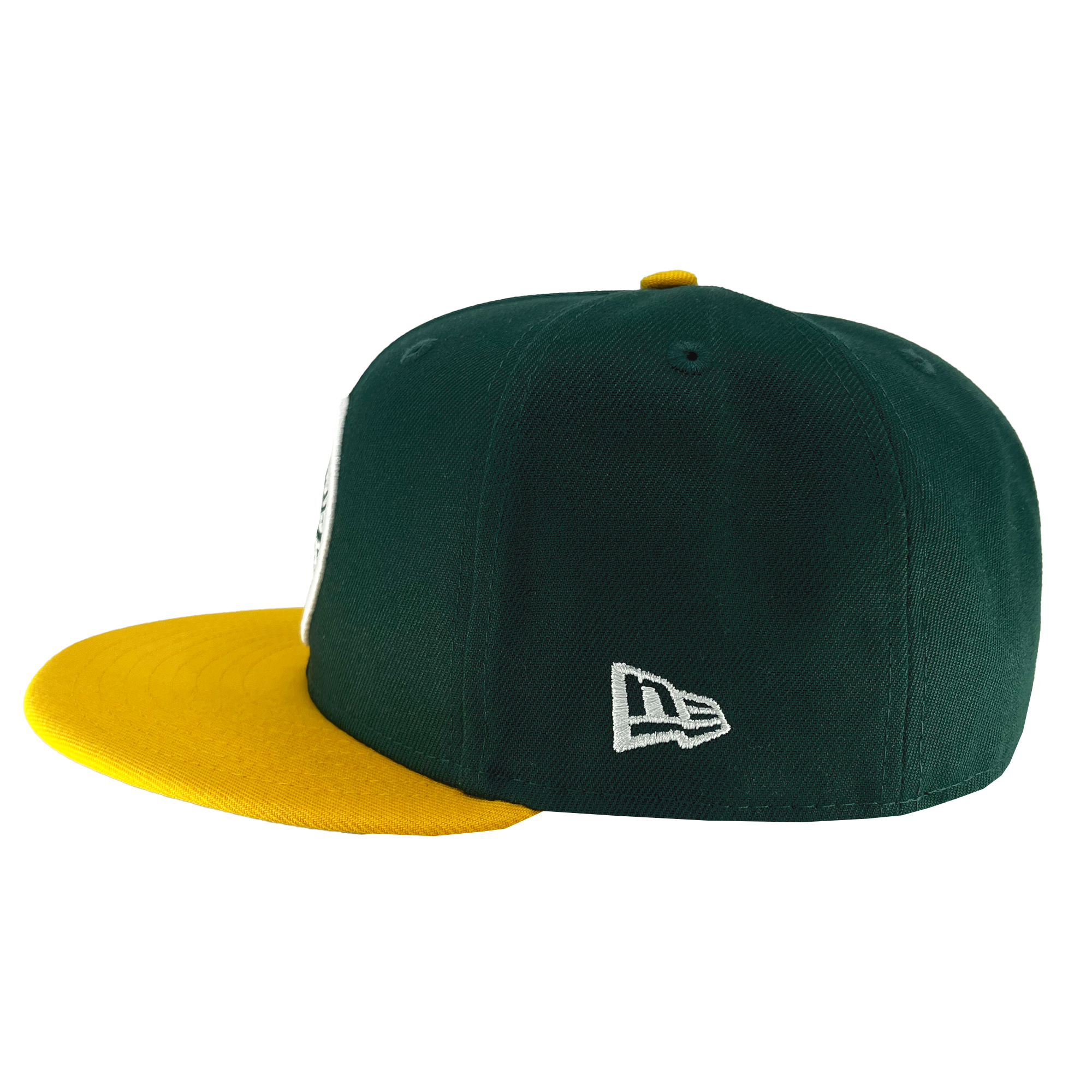 In a side view, the New Era Oakland Roots SC 59FIFTY Cap showcases a dark green crown and a contrasting bright yellow flat visor. The Oakland Roots SC cap features a small, white stitched logo on its side, with the top button also in yellow, adding to its distinct style.