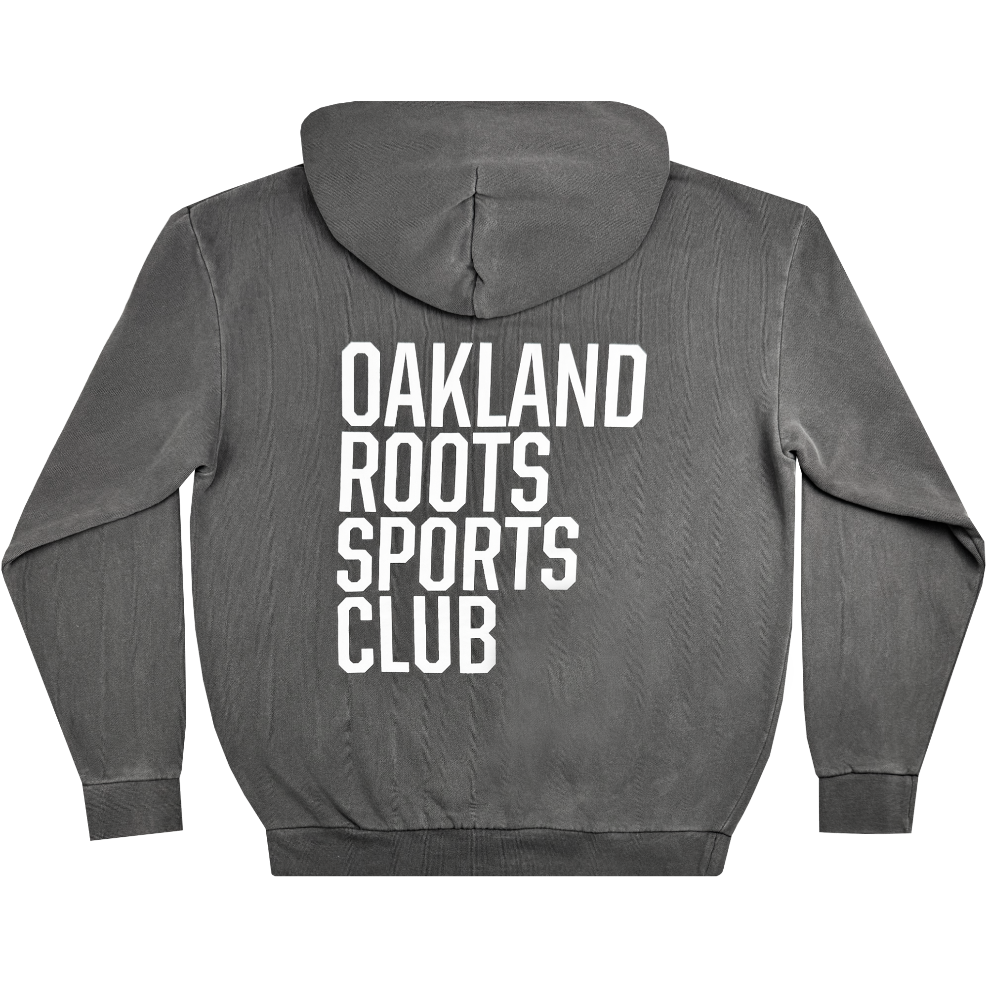 The Oakland Roots SC Heavy Hoodie from Oakland Roots SC features a hood and displays large white text reading "OAKLAND ROOTS SPORTS CLUB" vertically across the back. This long-sleeved, relaxed-fit hoodie celebrates social good and community spirit.