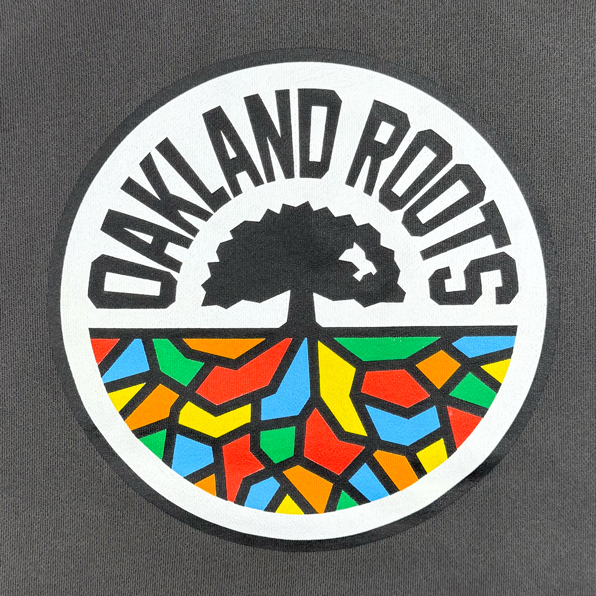 The image showcases the logo of Oakland Roots SC, renowned for its dedication to social welfare. The emblem highlights a stylized tree with roots extending into vibrant geometric shapes in red, blue, yellow, and green hues, elegantly encircled by the text "OAKLAND ROOTS" at the top. This design appears on the Oakland Roots SC Heavy Hoodie by Oakland Roots SC.