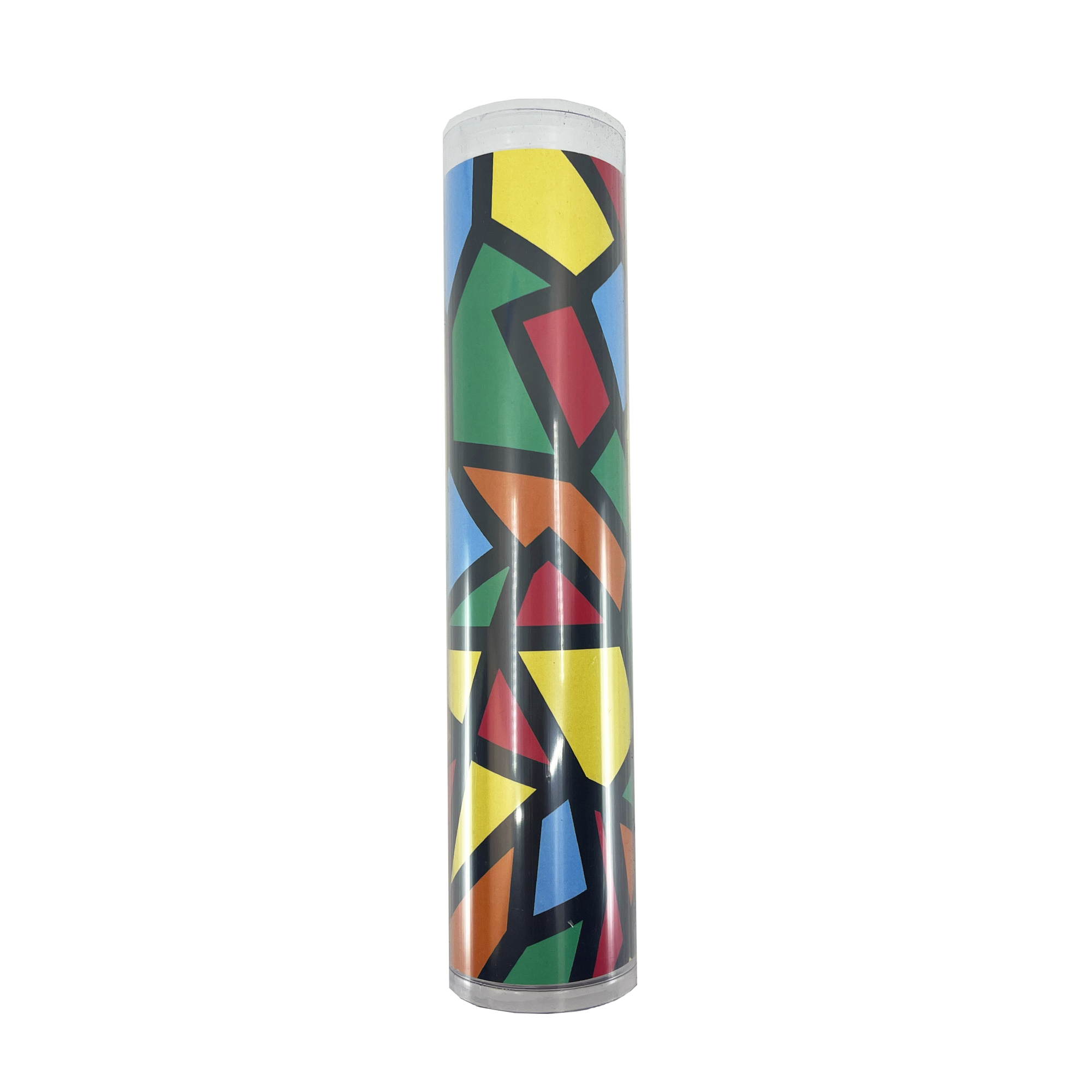 A Heritage Tournament Pack by Oakland Roots SC, featuring a colorful abstract design with geometric shapes in hues of red, yellow, blue, green, and black. The irregular shapes intersect at various angles to create a vibrant, mosaic-like pattern reminiscent of the Oakland Roots Sports Club logo. It also includes a white cap on top.