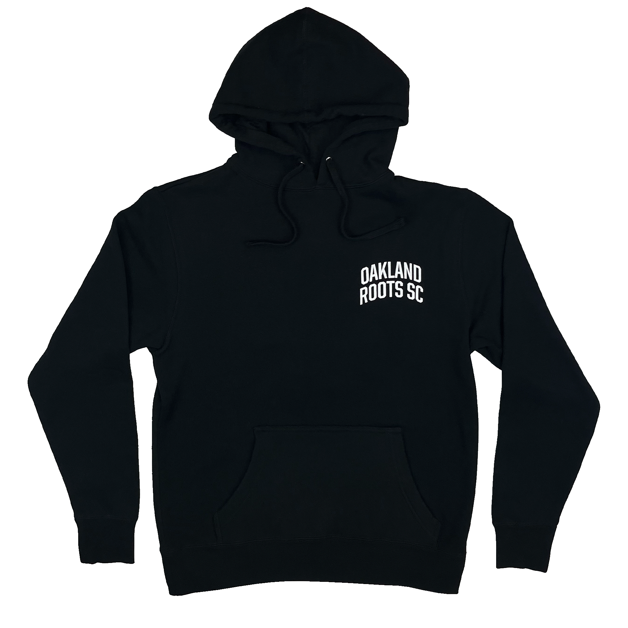 The Oakland Roots SC Logo 2.0 Hoodie by Oakland Roots SC is a black pullover hoodie featuring a front pouch pocket and white text on the left chest area that reads "OAKLAND ROOTS SC." It includes drawstrings at the neck and ribbed cuffs on the sleeves, making it an ideal choice for any fan of the sports club.