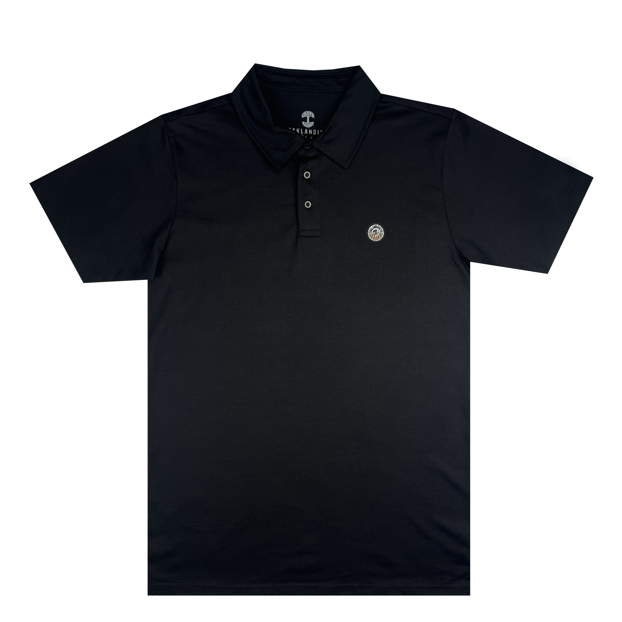 Introducing the Members Only Polo from Oakland Roots SC: A black short-sleeved polo shirt with a three-button placket. This stylish shirt showcases a small embroidered Oakland Roots logo on the left chest area, featuring a circular emblem with a stylized "G" inside. The polo boasts a traditional flat-knit collar and offers a neat, clean design for any occasion.