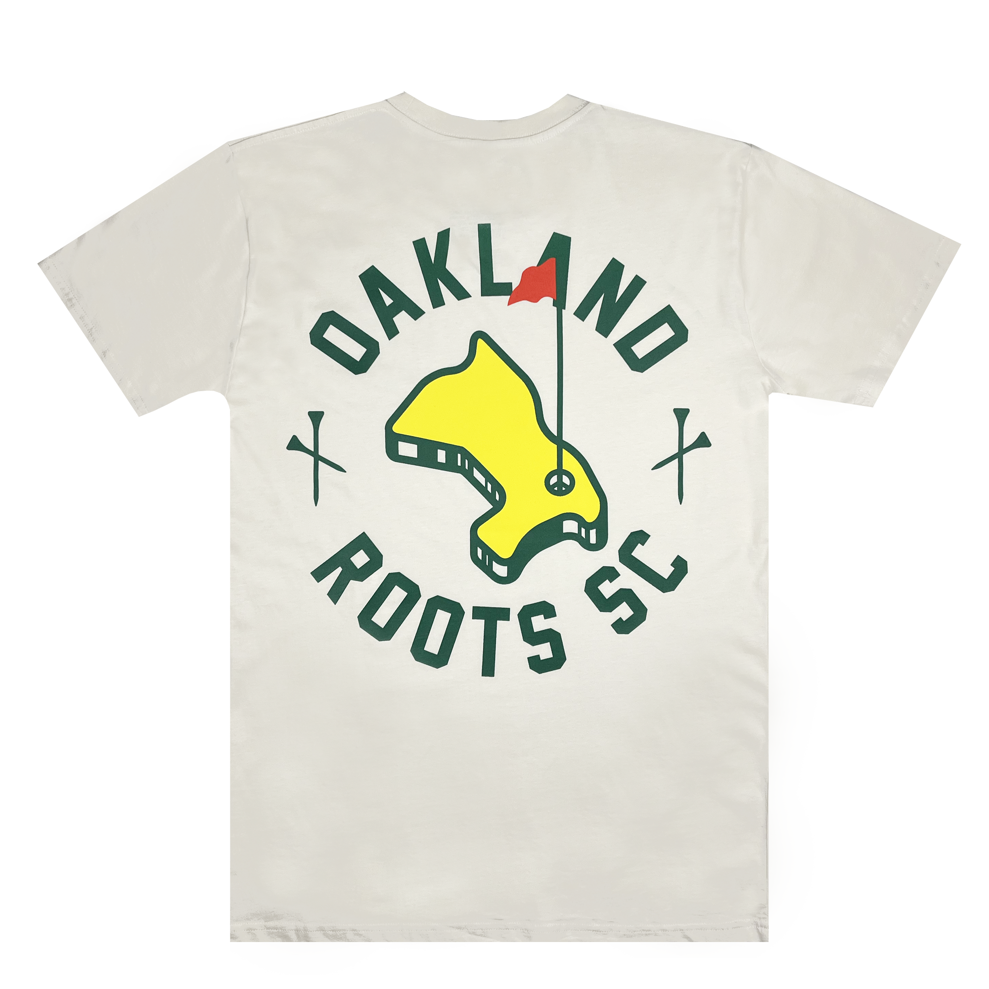 The "Members Only Tee" by Oakland Roots SC features a white base with a yellow and green map graphic at the center, topped with a red flag. Encircling the graphic, the words "OAKLAND ROOTS SC" are displayed in green text, accompanied by two crossed green golf clubs on either side of the map, symbolizing Oakland Roots' dedication to social good.