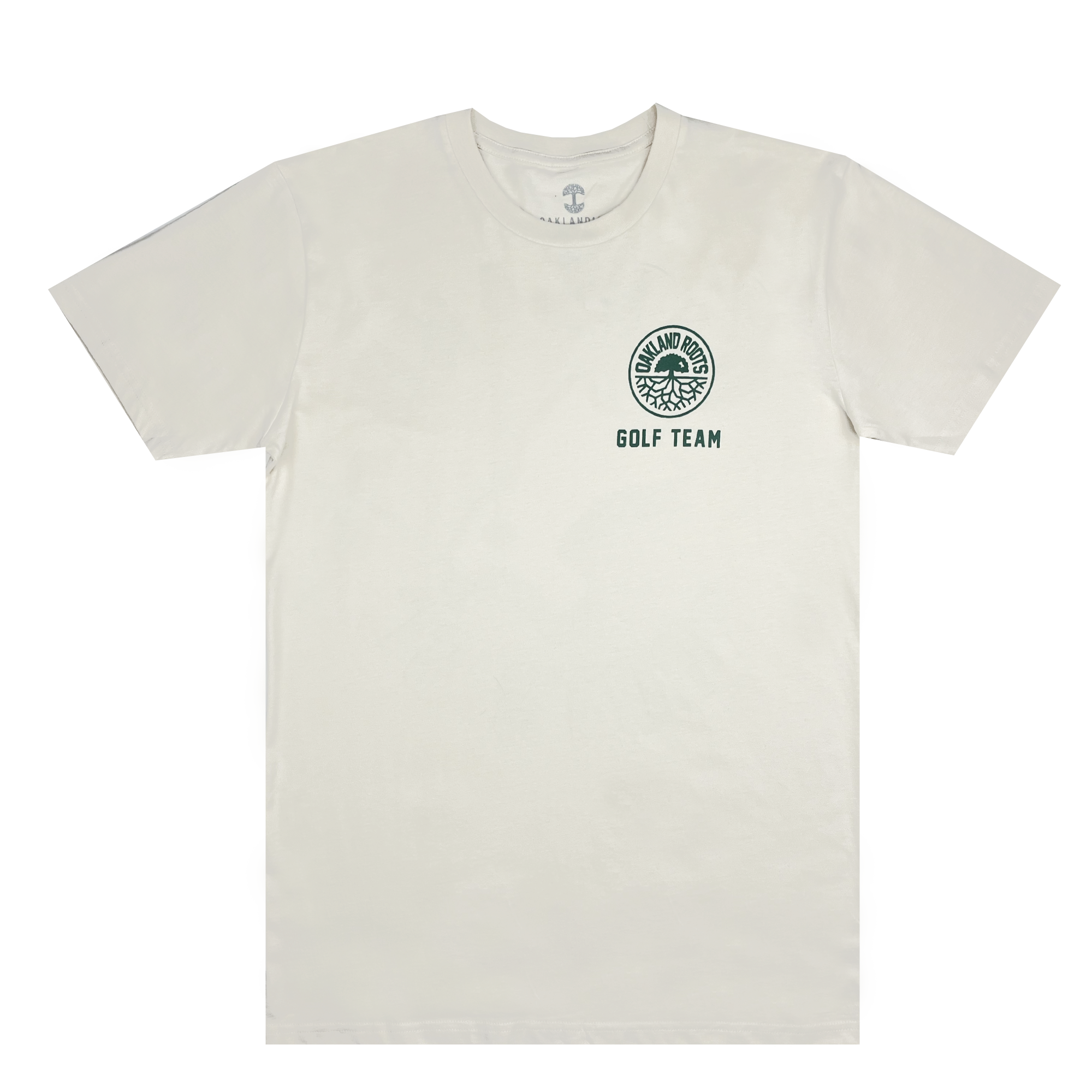 Introducing the Members Only Tee by Oakland Roots SC: a light beige short-sleeve t-shirt with a round neck. The left chest area features a small Oakland Roots SC logo in dark green, showcasing a round emblem with text that reads, "GOLF TEAM" underneath. The design is simple and clean, perfect for any occasion.