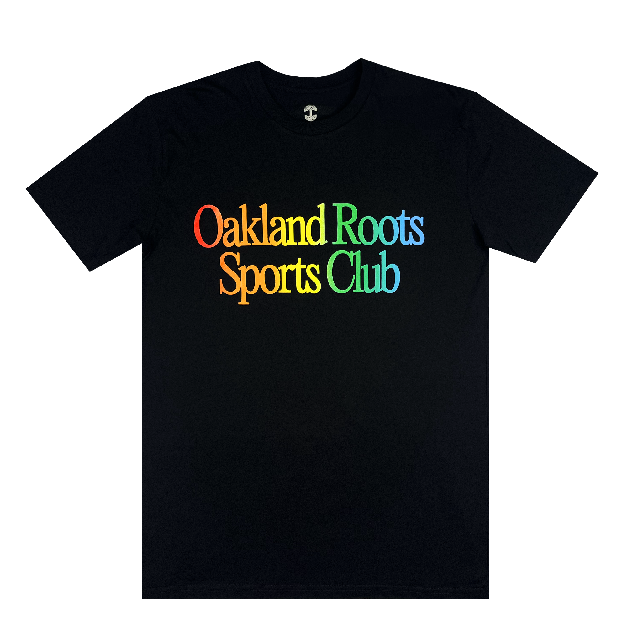 The More Than Soccer Tee by Oakland Roots SC is a black Classic fit t-shirt showcasing "Oakland Roots Sports Club" on the front in rainbow-colored letters. The vibrant hues transition through red, orange, yellow, green, blue, and purple from left to right. This social good tee features short sleeves and a round neckline.