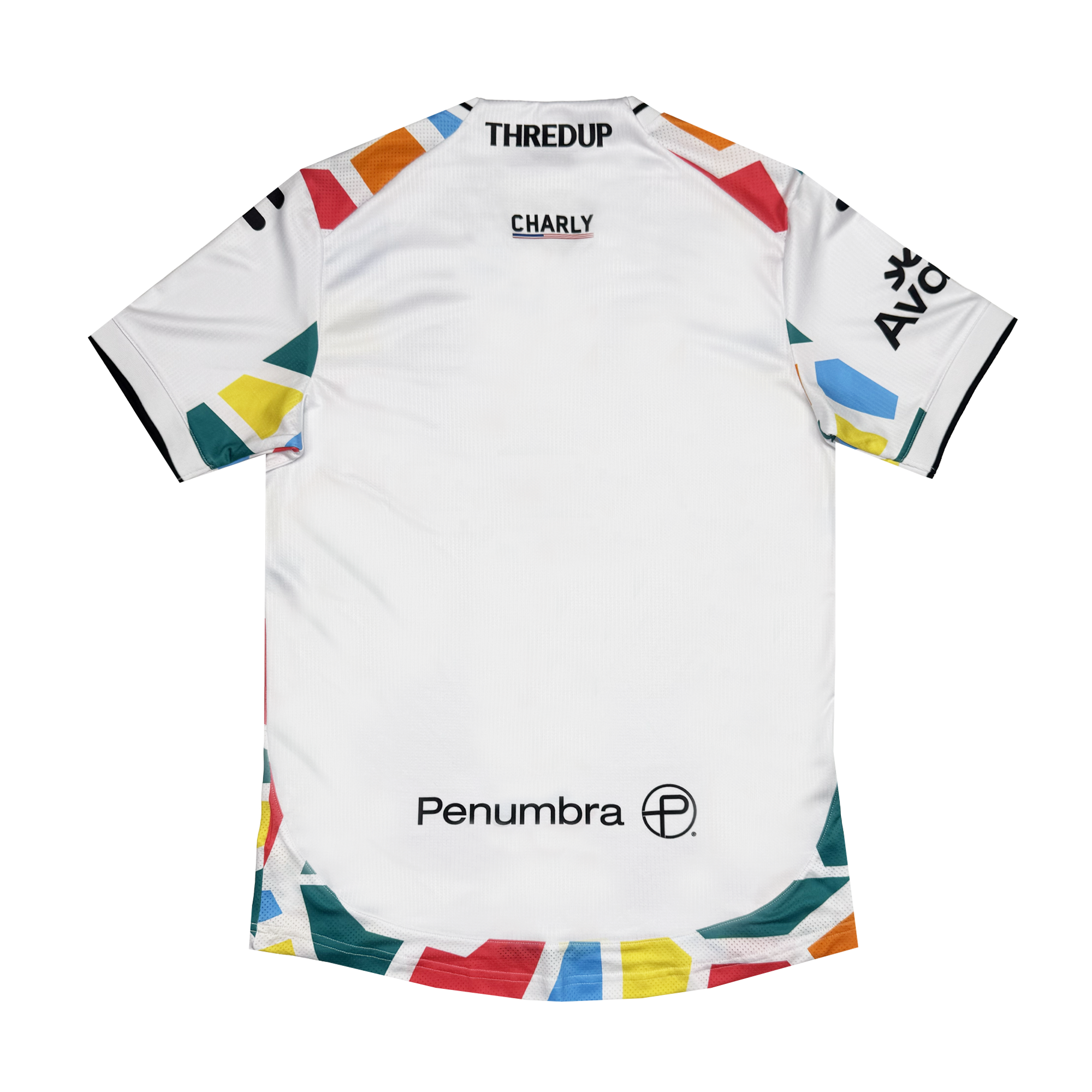 The Unisex Mosaic in Motion Kit by Oakland Roots SC features vibrant geometric mosaic patterns on the back, with black “THREDUP,” “CHARLY,” “AVO,” and “Penumbra” logos decorating the upper and lower sections.