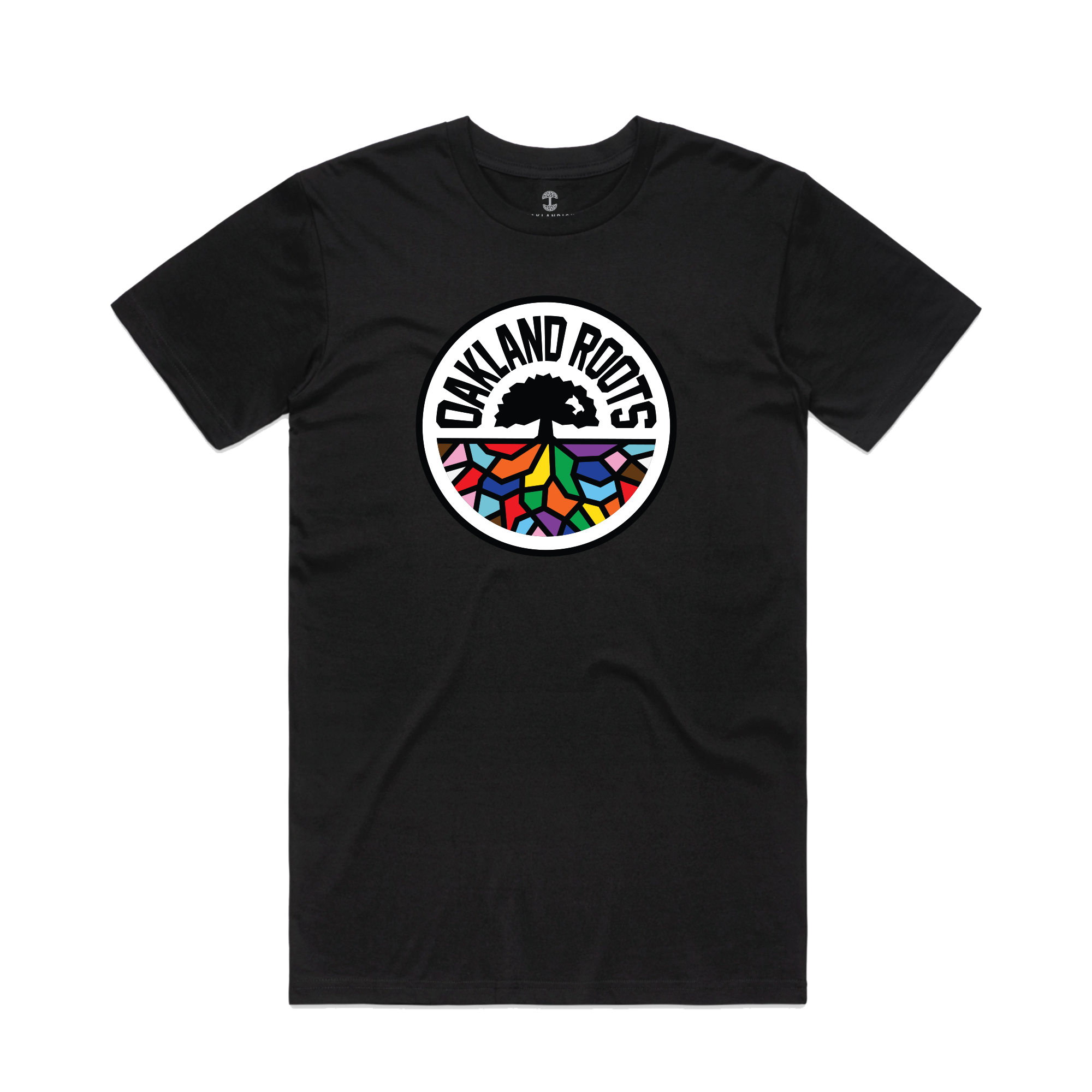 The Oakland Roots SC Pride Classic Tee by Oakland Roots SC is a black T-shirt made from 100% cotton, featuring a prominent central logo. The logo showcases a circular design with the words "Oakland Roots" surrounding a stylized tree with colorful, geometric roots that resemble stained glass. This men's classic fit shirt offers a simple and clean design.