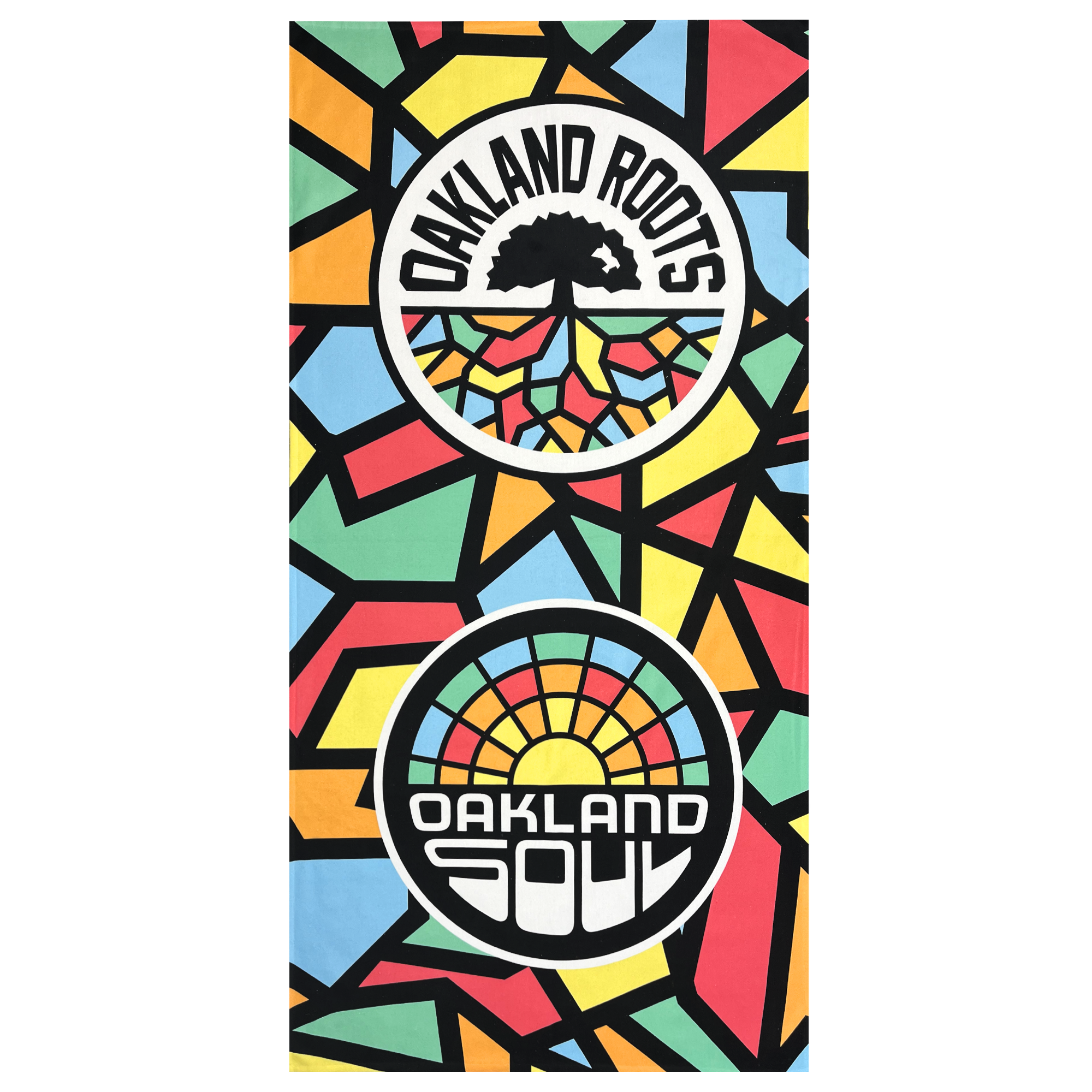 The Oakland Roots SC & Soul Towel by Oakland Roots SC is a brightly colored, premium dye-sublimated beach towel featuring a geometric mosaic pattern. It showcases two circular logos: one with a black tree and the text "OAKLAND ROOTS," and the other with a sunrise and the text "OAKLAND SOUL." The background displays vibrant shapes in red, yellow, green, blue, and black. Proceeds from this product support social good initiatives by the Oakland Roots Sports Club.