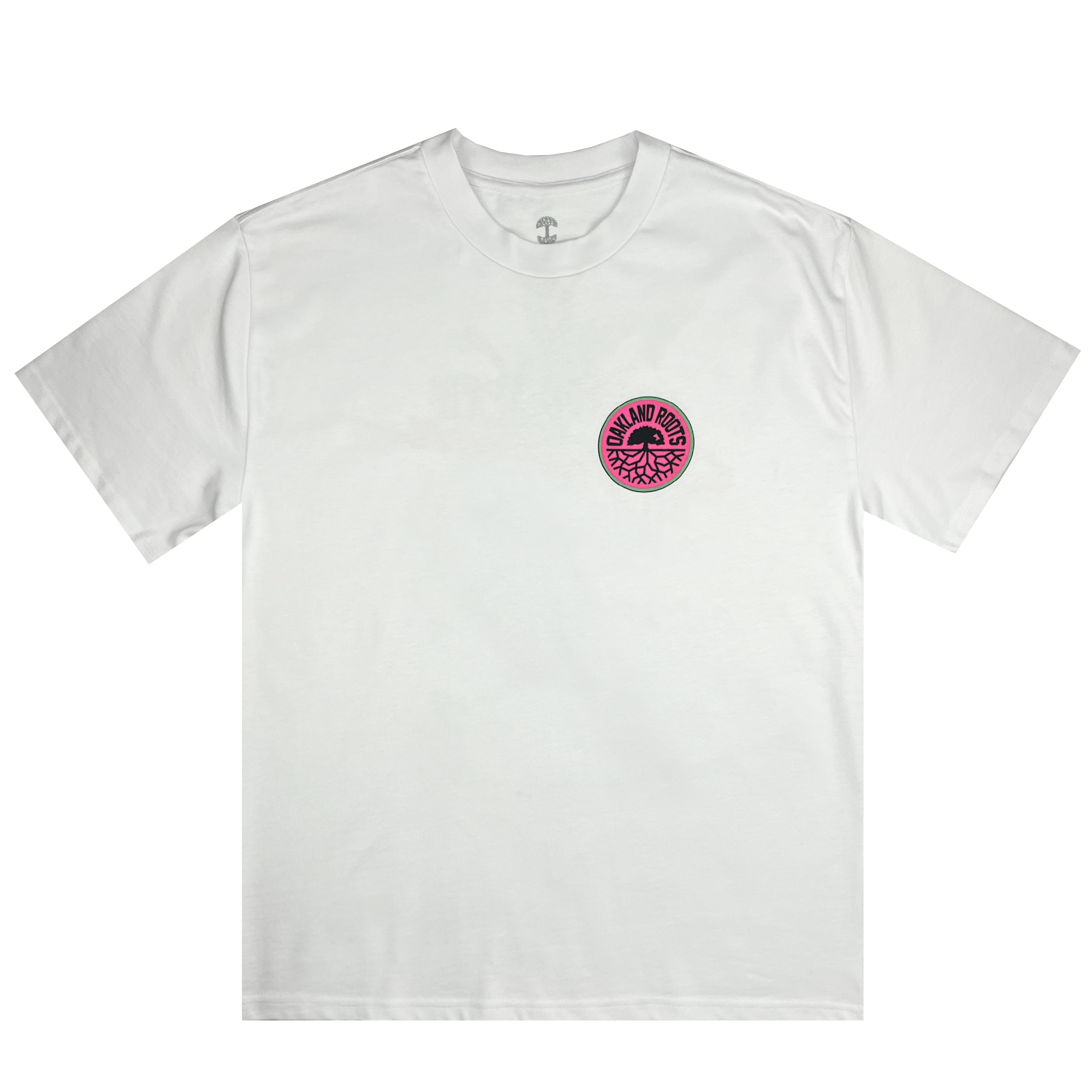 A Staycation Heavy Tee from Oakland Roots SC with a boxy fit features a plain white design. It has a round logo on the left chest, showcasing "ROCK AND ROLL" text encircling an intricate central graphic. The logo stands out with its pink background and dark red and black text and graphics.