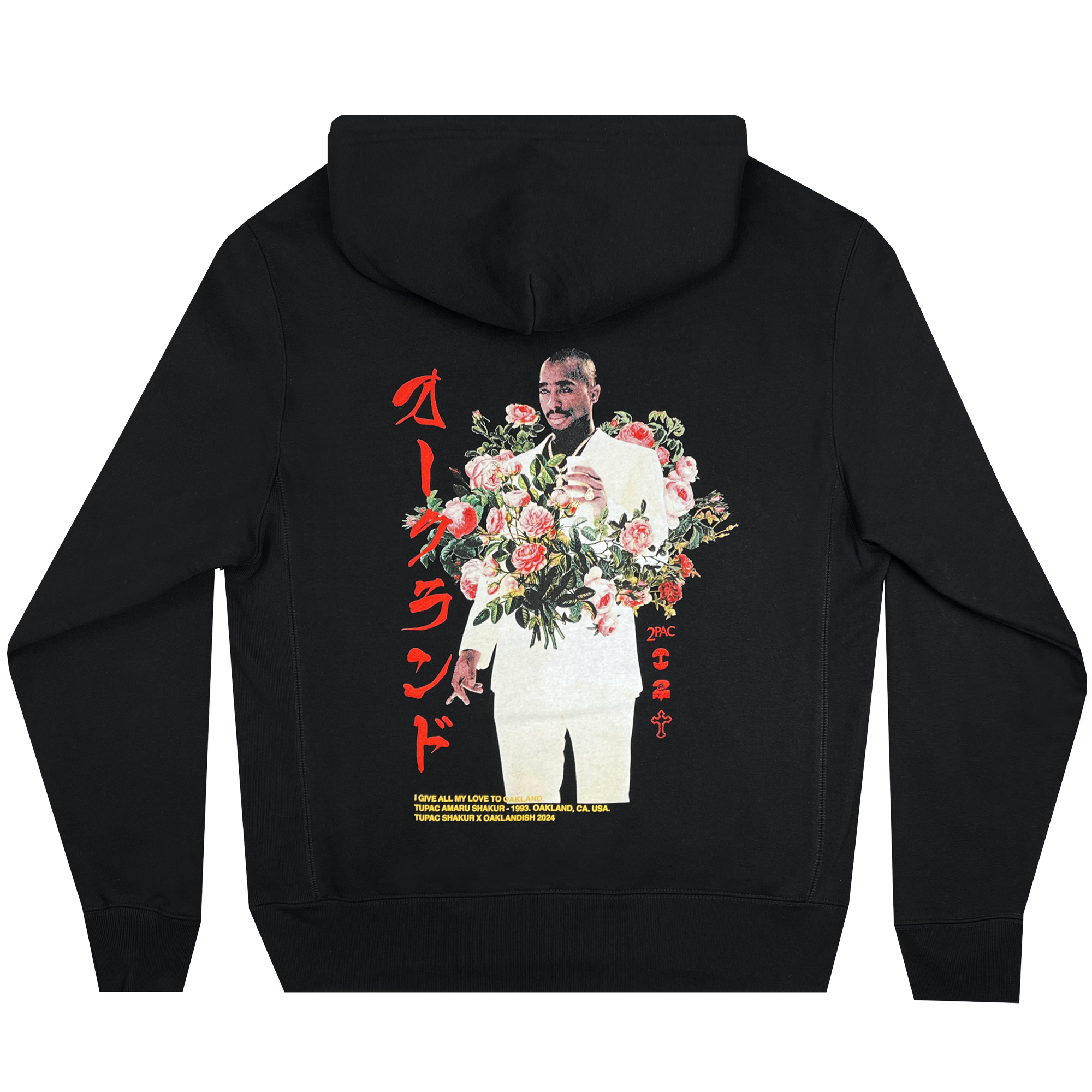 The back of the Roses Hoodie from Oaklandish features an image of a man in a white suit holding a large bouquet of colorful flowers, celebrating Tupac's legacy. Red Japanese characters run vertically on the left side, and yellow English text at the bottom emphasizes this distinctive piece from the Oaklandish x Tupac hip-hop collection.