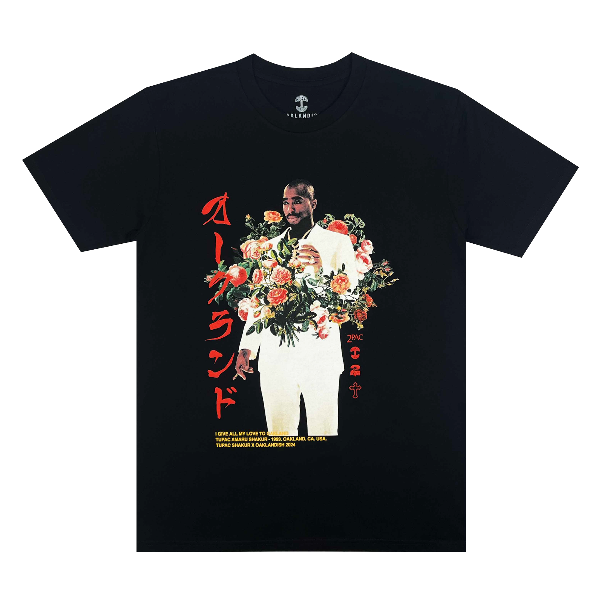 This Roses Tee by Oaklandish features a black t-shirt design with a man in a white suit holding a bouquet of flowers, encircled by red Japanese characters. The English text beneath the image highlights the collaboration between Oaklandish and Tupac, blending vintage romance with an Oakland hip-hop vibe.