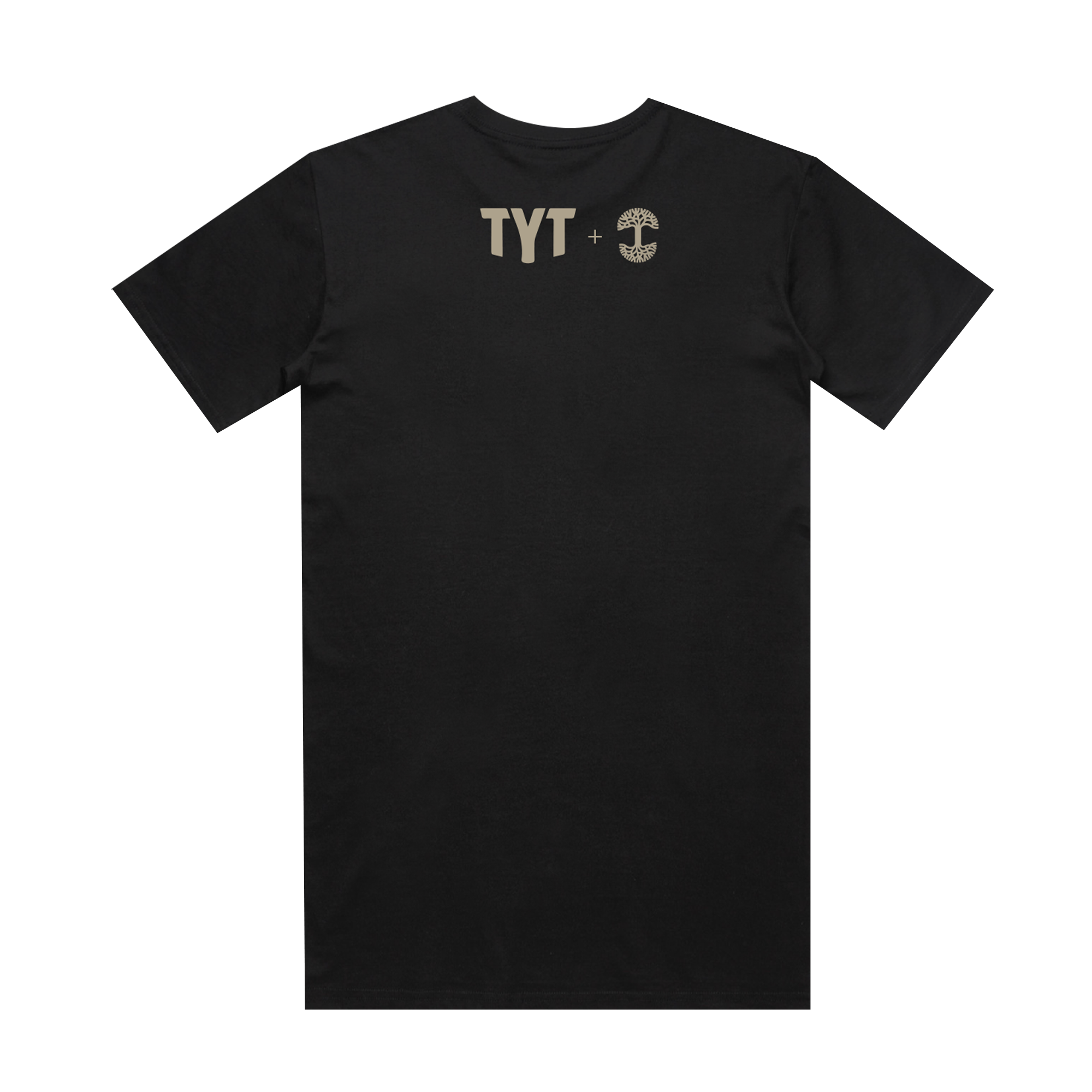 The "TYT Weight of a Vote Tee" by Oaklandish is a black, short-sleeved T-shirt shown with its back facing up. It features beige text "TYT +" in the upper left area and a circular design to the right.