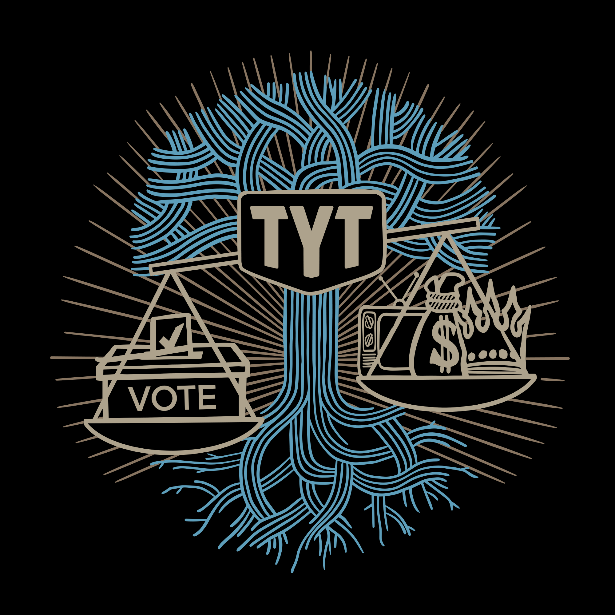 The "TYT Weight of a Vote Tee" by Oaklandish showcases an intricate illustration centered around a tree with "TYT" at its core. One branch supports a ballot box marked "VOTE," while the opposite supports a flaming globe with a dollar sign, all set against a black backdrop with radiating lines, symbolizing themes of choice.