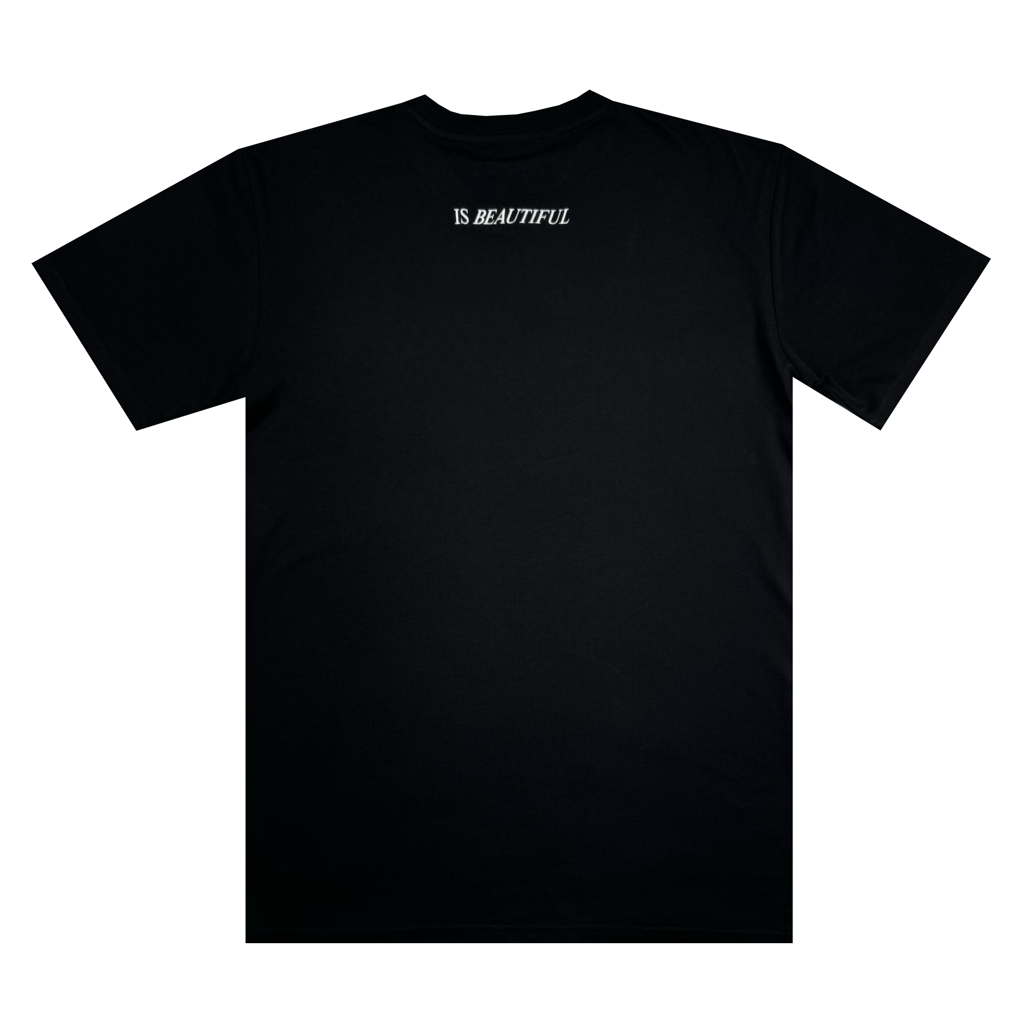 The Oaklandish Skateboarding is Beautiful Tee is a sleek and minimalist black T-shirt ideal for skateboarding enthusiasts. It features white text near the neckline on the back that reads "IS BEAUTIFUL," with no additional designs or logos.