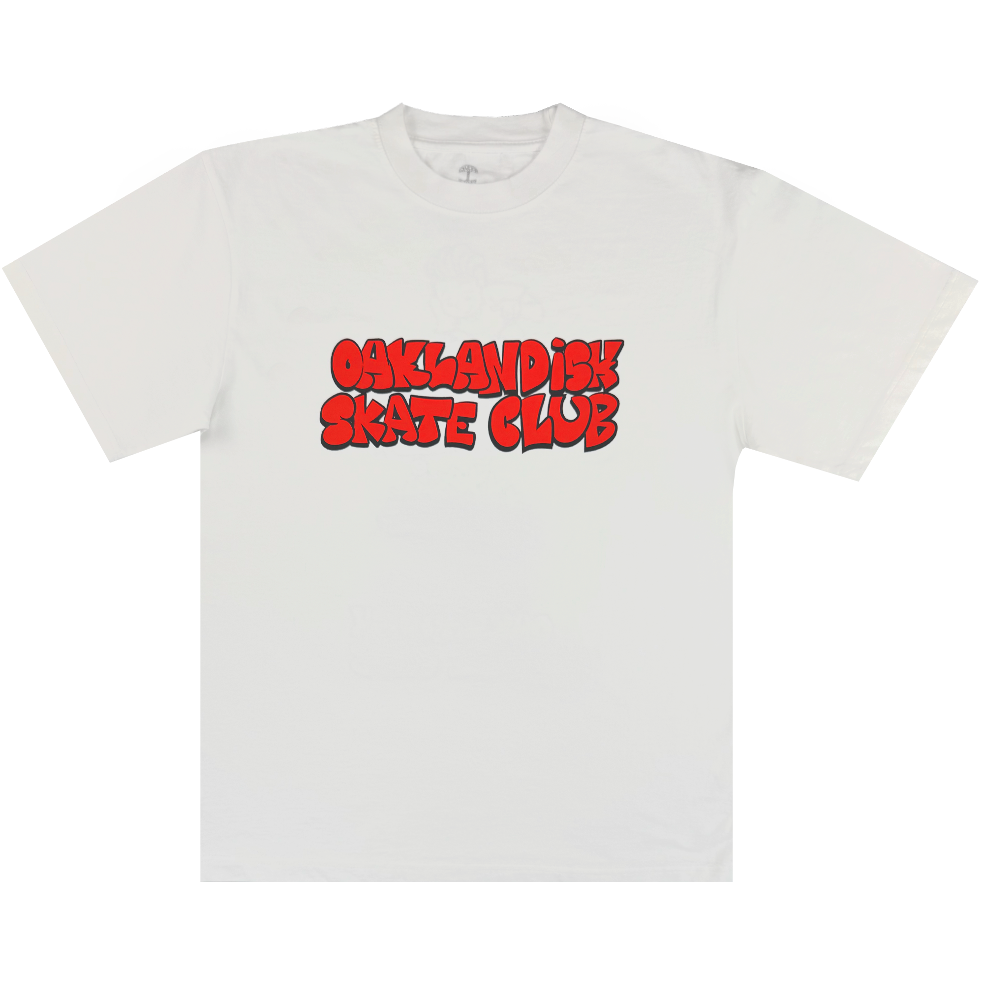 The Oaklandish Skate Club Tee by Oaklandish features “OAKLANDISH SKATE CLUB” in bold red bubble letters with black shadowing, paying tribute to skateboard culture. Shown laid flat on a white background for a fresh look.