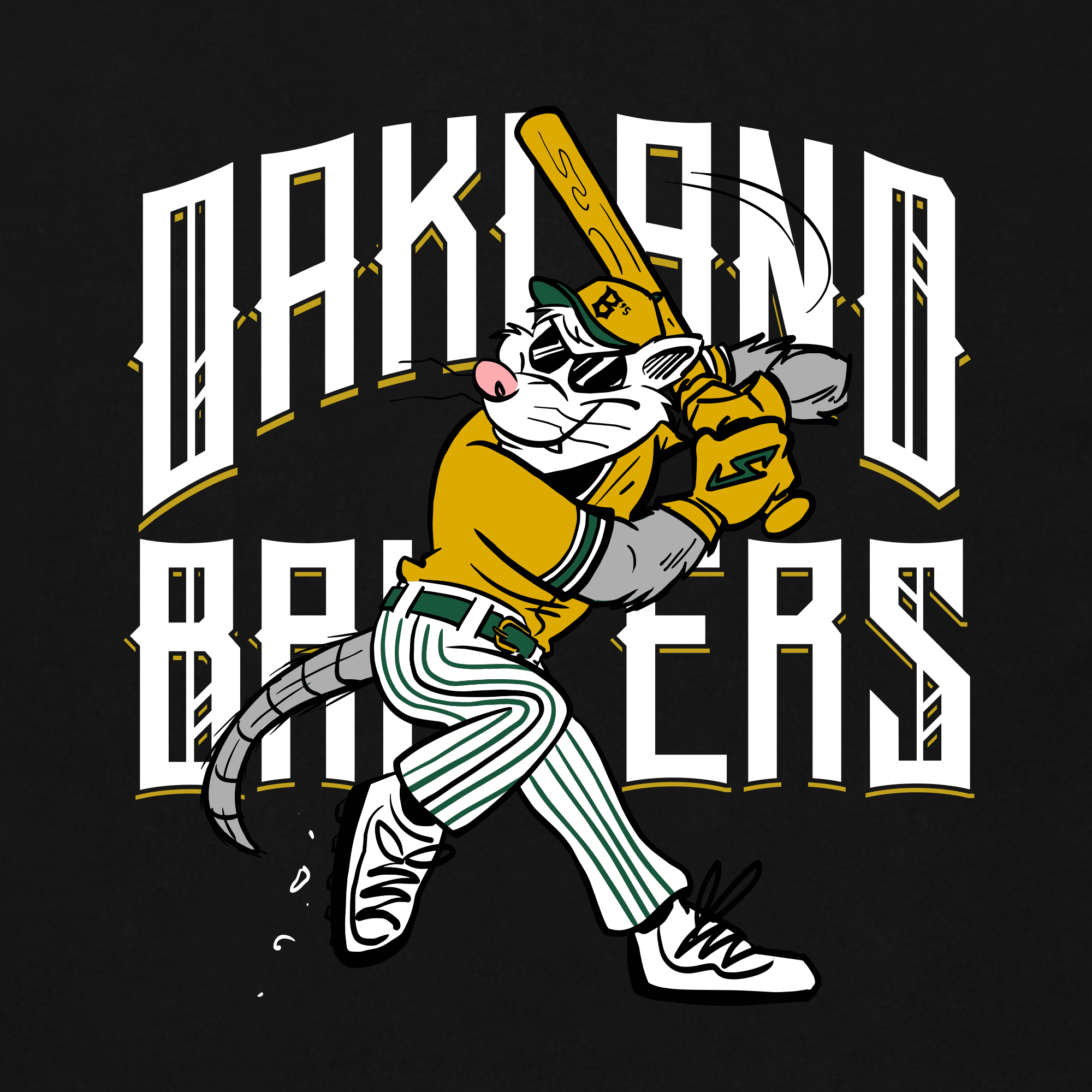 A cartoon rat named Scrappy the Rally Possum, clad in a yellow jersey and striped pants, is all set to swing a bat. With sunglasses and a cap, his gray fur and pink nose gleam. Behind him, "OAKLAND BALLERS" pops in bold white letters against the black background, exemplifying timeless mascot design on the Women's Slugging Scrappy Tee.