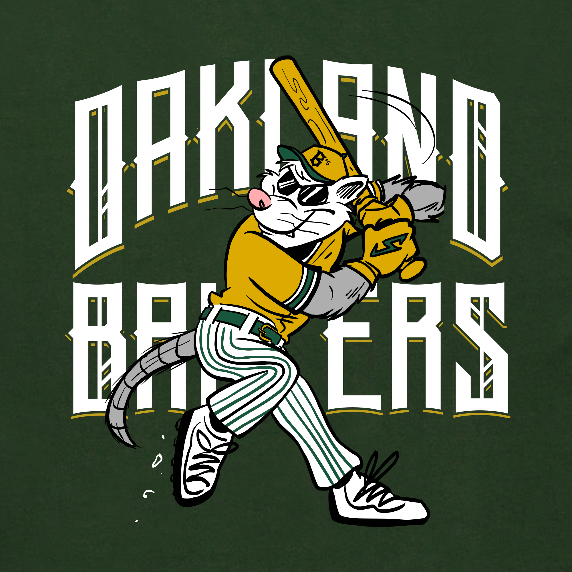 A lively Oakland Ballers design, the Slugging Scrappy Tee features a cartoon rat named Scrappy the Rally Possum wearing a yellow baseball cap and jersey, pinstripe pants, and sunglasses as he prepares to swing a bat. The text "Oakland Bashers" boldly arches around him on a dark green background, capturing the energetic essence of Oakland's beloved mascot designs.