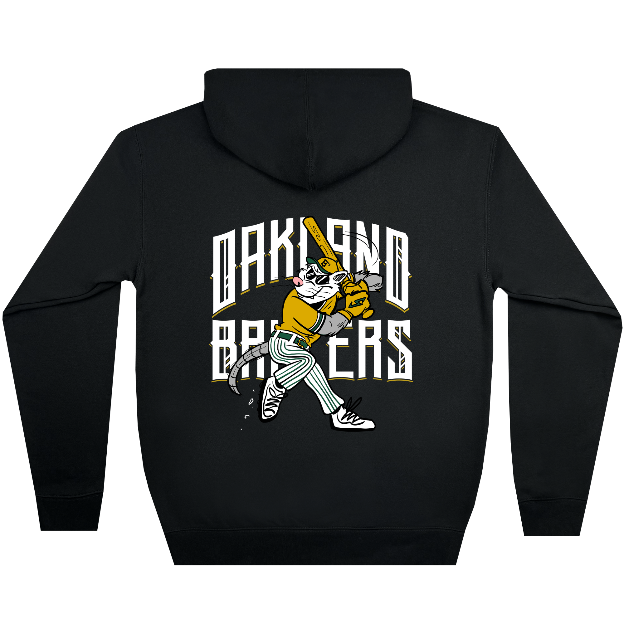 The Slugging Scrappy Hoodie by Oakland Ballers showcases a cartoon cat in a yellow jersey and striped pants, swinging a baseball bat. The phrase "OAKLAND BALLERS" is printed prominently in a bold, stylized font around the character, capturing the vibrant spirit of Scrappy the Rally Possum's mascot design.