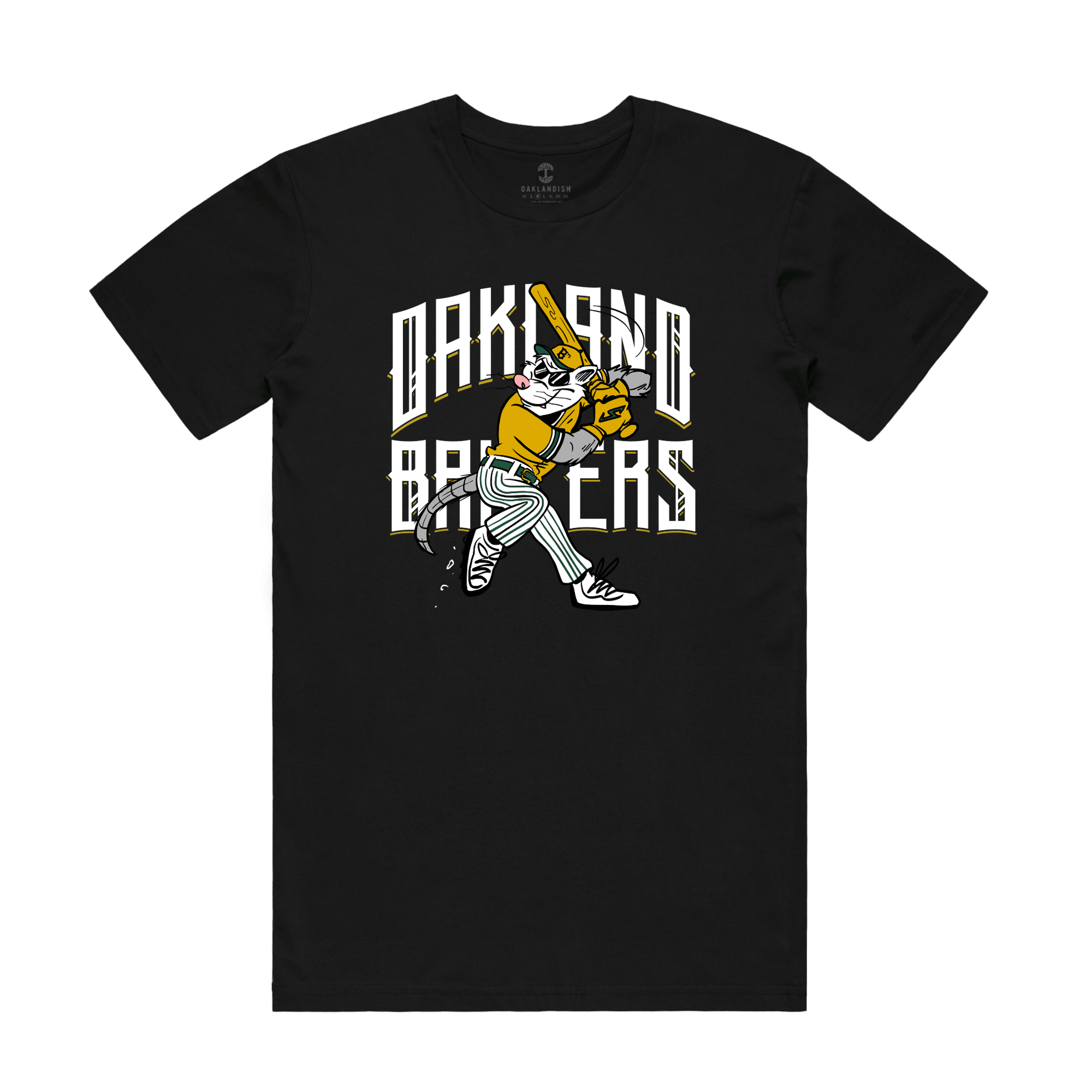 The Slugging Scrappy Tee by Oakland Ballers features a cartoon cat in a black t-shirt wearing a yellow, white, and green baseball uniform while swinging a bat, designed by Ken Mitchroney. Large white text behind the cat reads "OAKLAND BAKERS," capturing the sporty theme of the Oakland Ballers.