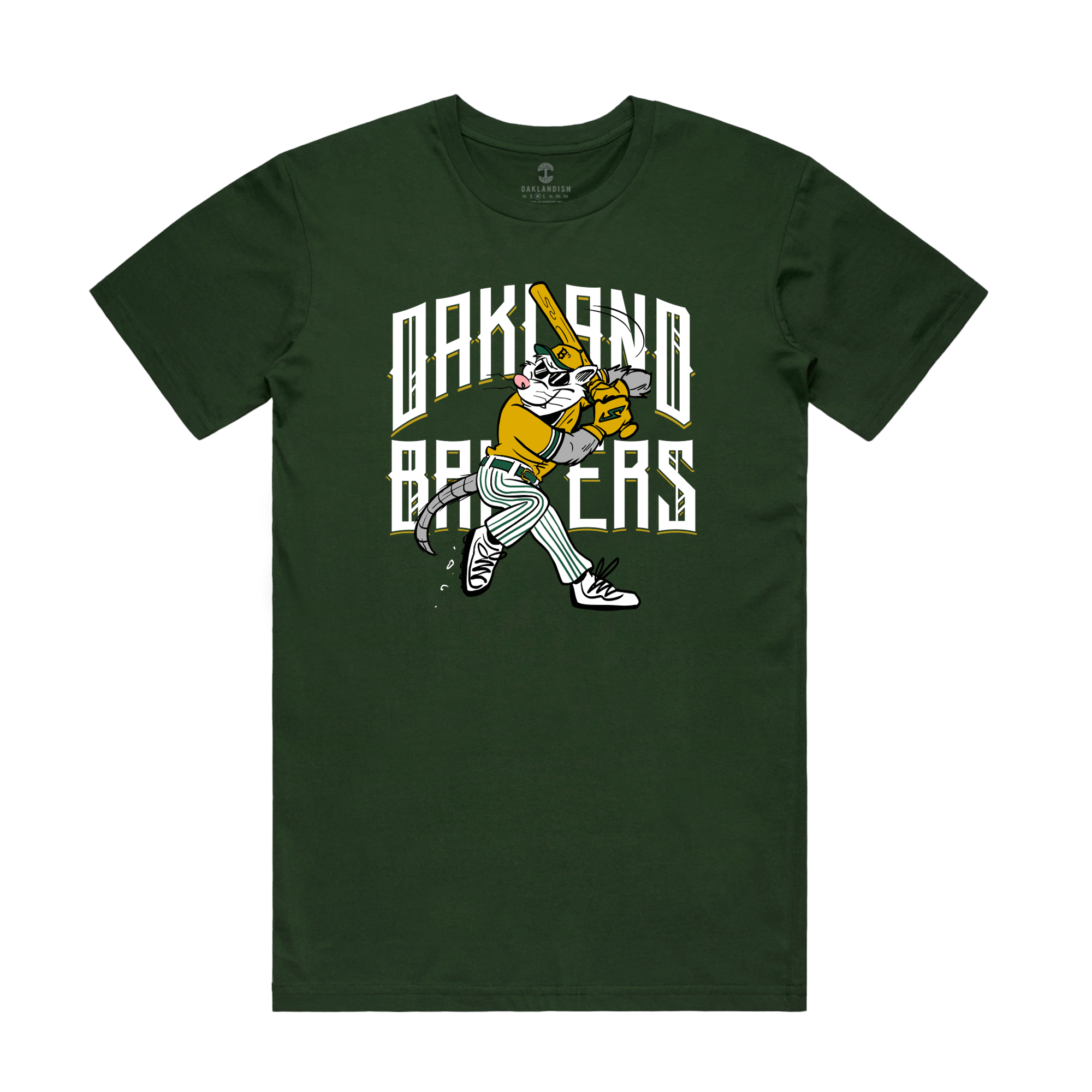 The Slugging Scrappy Tee by Oakland Ballers is a green T-shirt showcasing a design of a cat playing baseball. The cat is outfitted in a yellow jersey and green-striped pants, holding a brown bat, with bold white letters spelling out "Oakland Ballers" in the background, adding a mascot-style flair to this sporty piece.