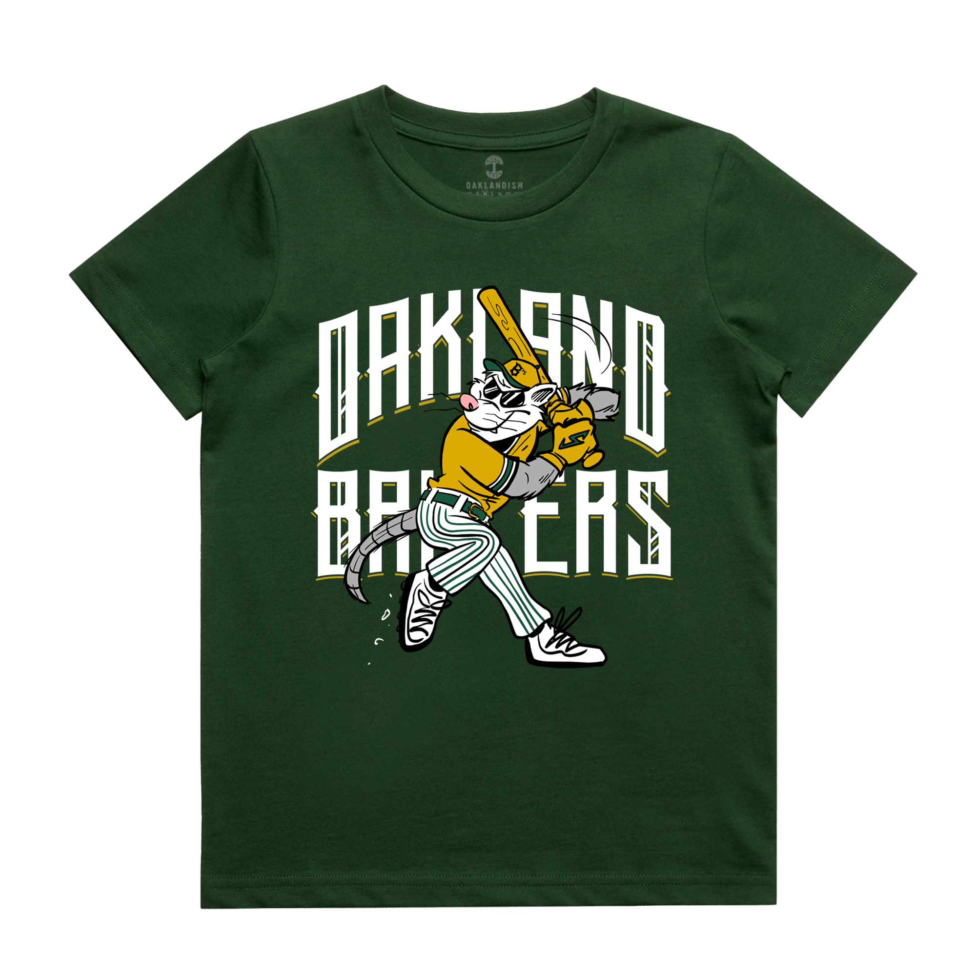 Oakland Ballers' Toddler Slugging Scrappy Tee features a green t-shirt adorned with a cartoon cat dressed in a baseball uniform, gripping a bat. The cat is caught mid-swing with a focused look, and the backdrop reads "Rally Possum" in bold white letters outlined in yellow, similar to the "OAKLAND BASHERS" styling.