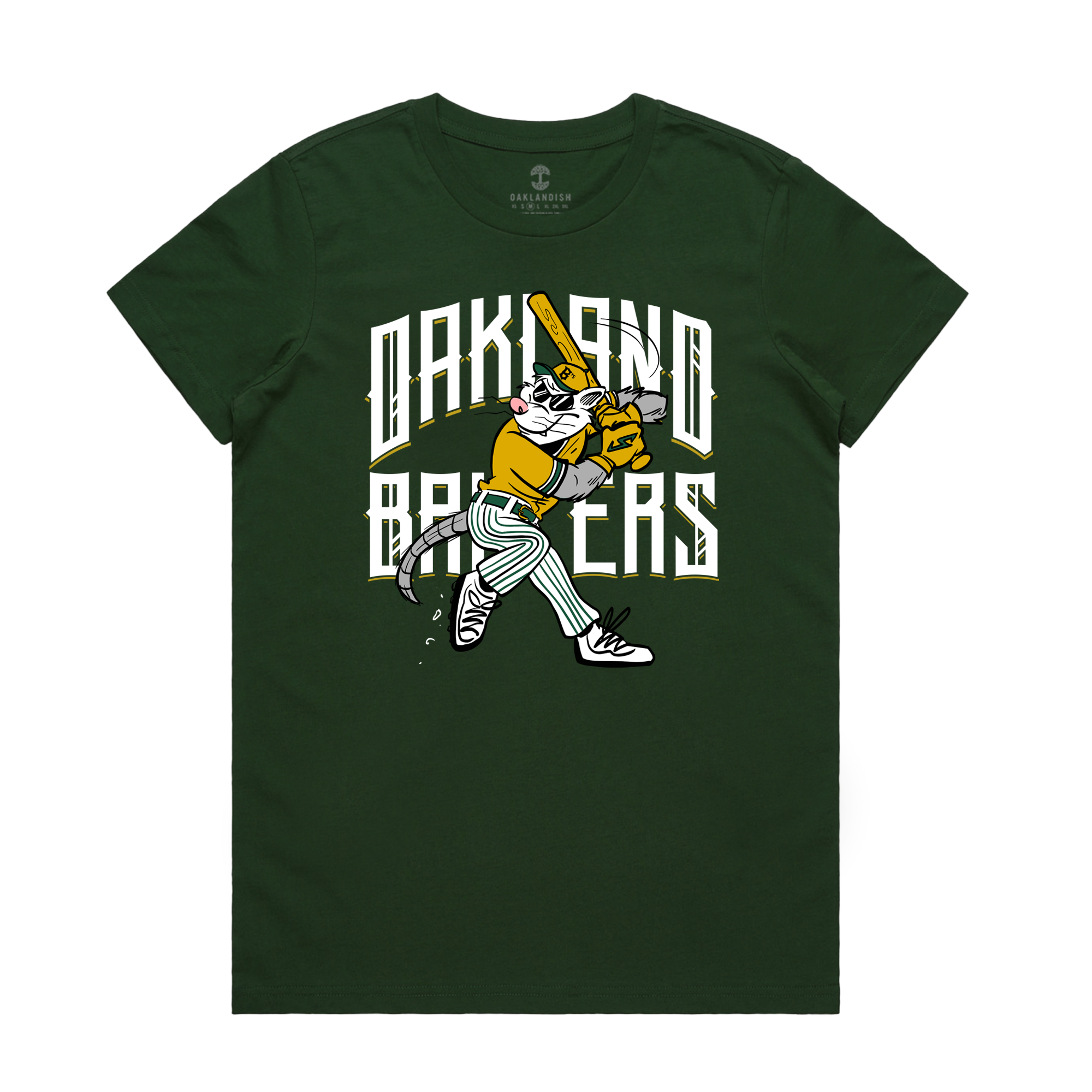 Women's Slugging Scrappy Tee, from Oakland Ballers, showcases the beloved team mascot, Scrappy the Rally Possum, in a baseball uniform ready to swing a bat. "Oakland Ballers" is prominently featured with dynamic flair on the dark green fabric of the shirt, adding to its playful design.