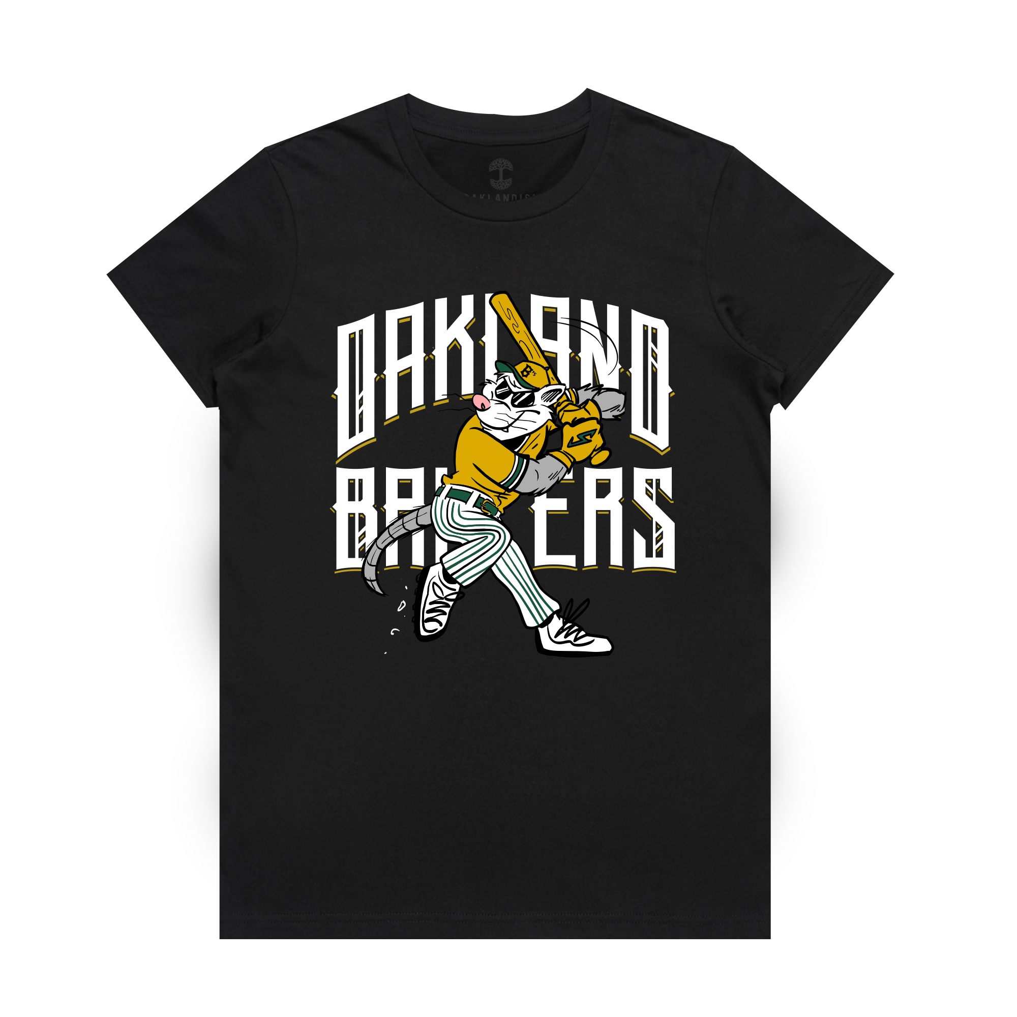 Women's Slugging Scrappy Tee by Oakland Ballers: A black t-shirt showcasing a cartoon tiger swinging a baseball bat, with the tiger dressed in a yellow jersey and green-striped pants. Behind the tiger are stylized "OAKLAND BALLERS" in bold white and gold letters, inspired by mascot designs such as Scrappy the Rally Possum.