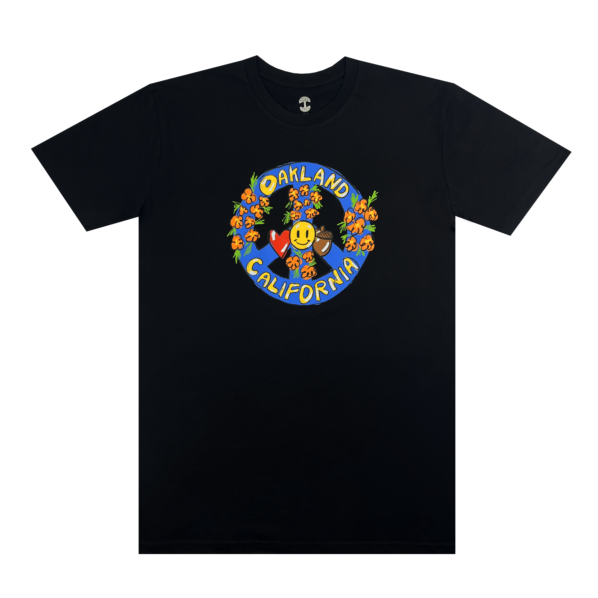 The Smile Tee by Oaklandish is a black, 100% cotton T-shirt adorned with a colorful circular design in the center. This design features text that reads "Oakland California" surrounding a smiley face with flowers and a heart. The vibrant graphics add a cheerful touch to this classic fit shirt, making it perfect for anyone who loves uplifting and stylish apparel.