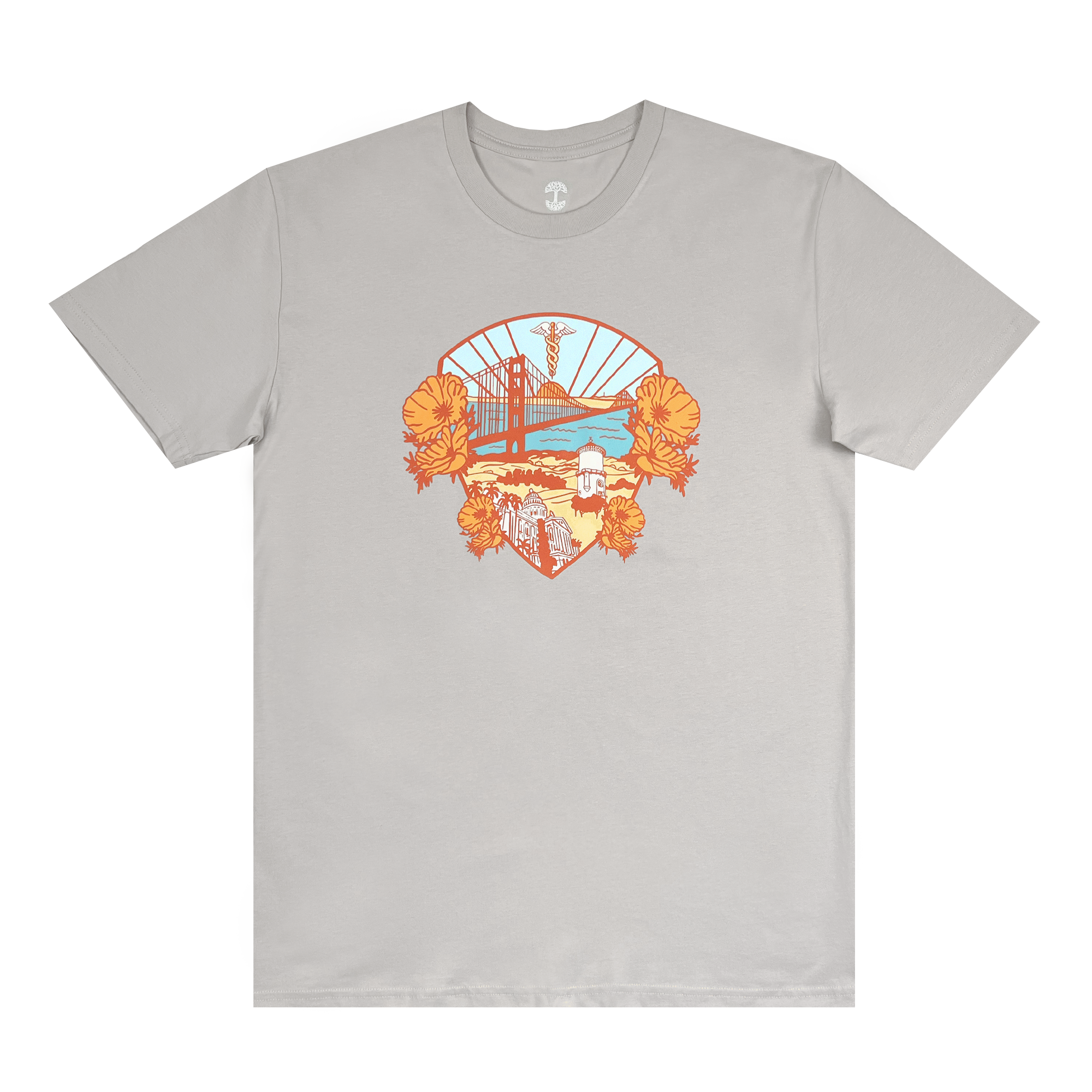 The SMU College of Nursing Tee by Oaklandish is a light gray nursing shirt showcasing an intricate central design. The artwork features a stylized bridge, a standing figure with outstretched arms, orange flowers, and a cityscape beneath radiant lines that mimic sun rays, all celebrating healthcare excellence.