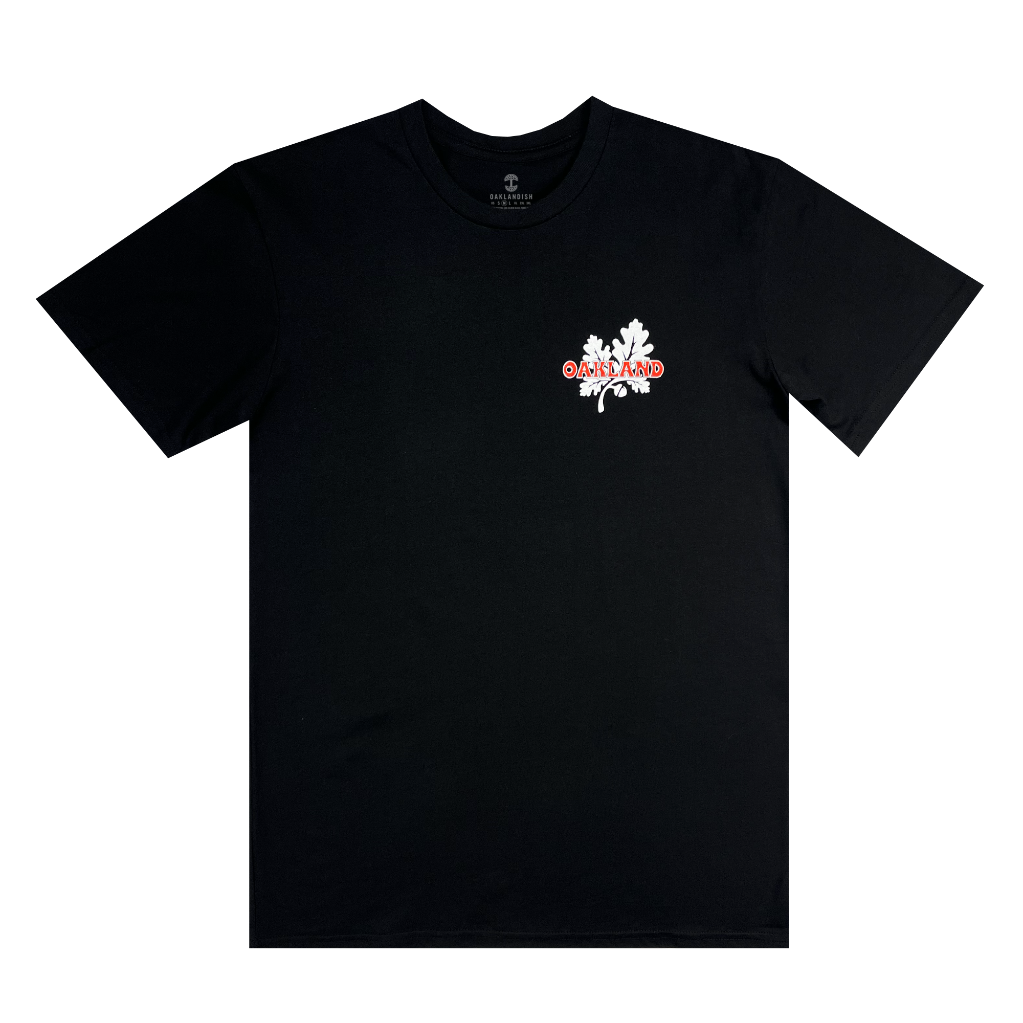 The Grocery Run Tee by Oaklandish is a black T-shirt made of 100% cotton. It features a small logo on the left chest area, consisting of white stylized letters forming the word "Only," integrated into a white floral design. Below the design, "Mind" is written in red. The overall look is simple and minimalistic with a classic fit.