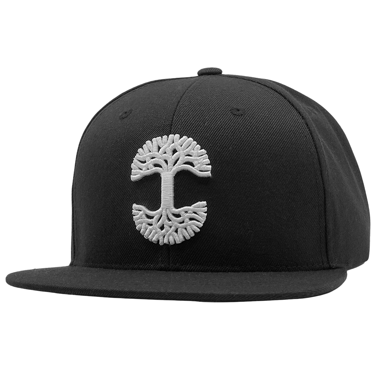 This Oaklandish Classic Snapback by Oaklandish is a fashionable black flat-brim cap showcasing a detailed white embroidered tree design on the front that resembles a human brain, reminiscent of the iconic Oaklandish logo. Featuring an adjustable snapback, it includes a structured crown and top button for an ideal fit.