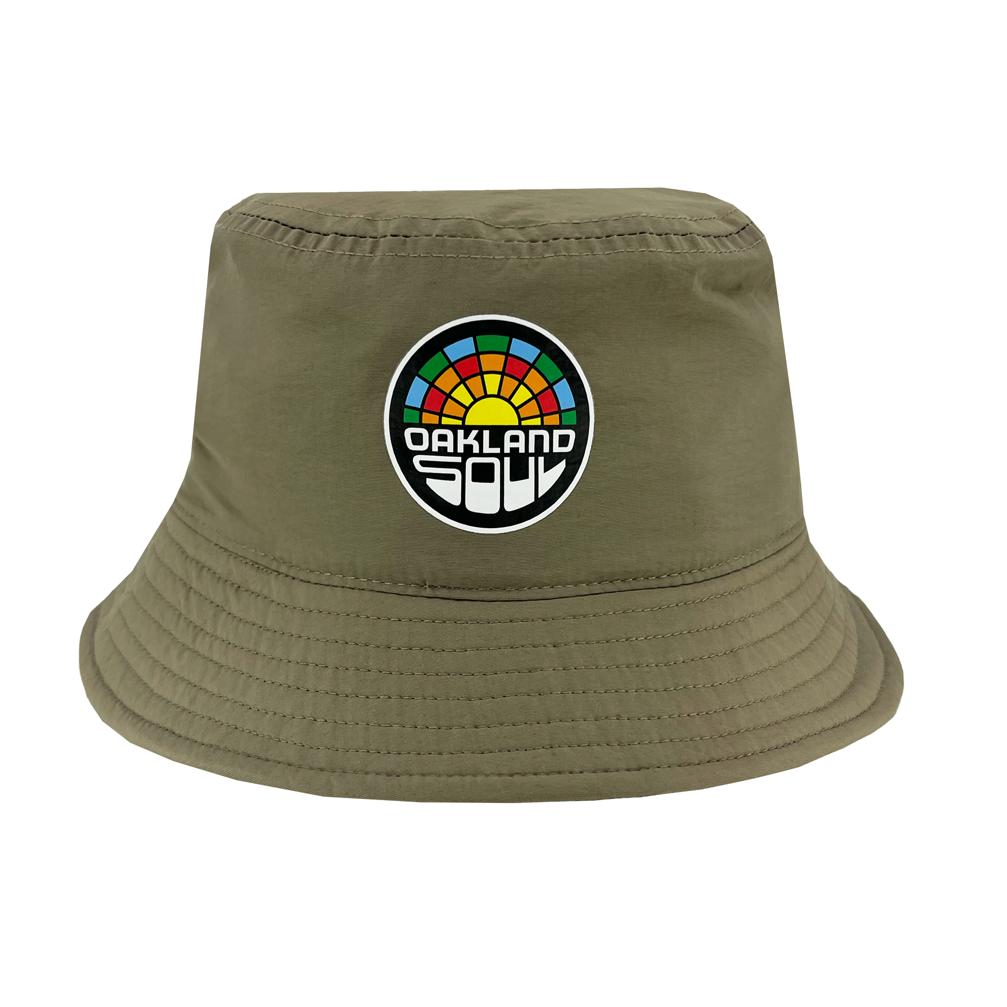 The Oakland Soul Logo Bucket Hat by Oakland Soul showcases an olive green design with a vibrant, circular rainbow logo on the front. The mosaic-like logo includes segments in red, orange, yellow, green, and blue and features "OAKLAND SOUL" in white, celebrating the women's soccer team that promotes social good. The hat is finished with a downward-sloping brim and detailed stitching for added style.