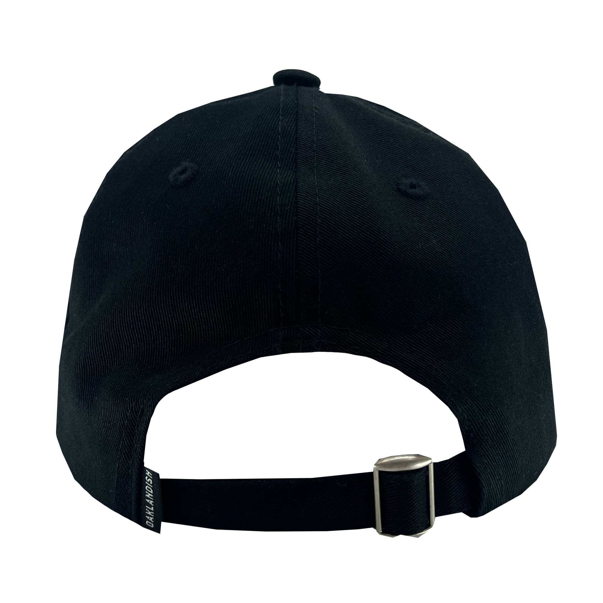 A back view of the Oakland Soul Dad Hat, showcasing its adjustable strap with a metallic clasp and a fabric tag that celebrates the Oakland Soul women’s soccer team in the USL W-League. The black cap also features visible stitching and grommets on the back panels.