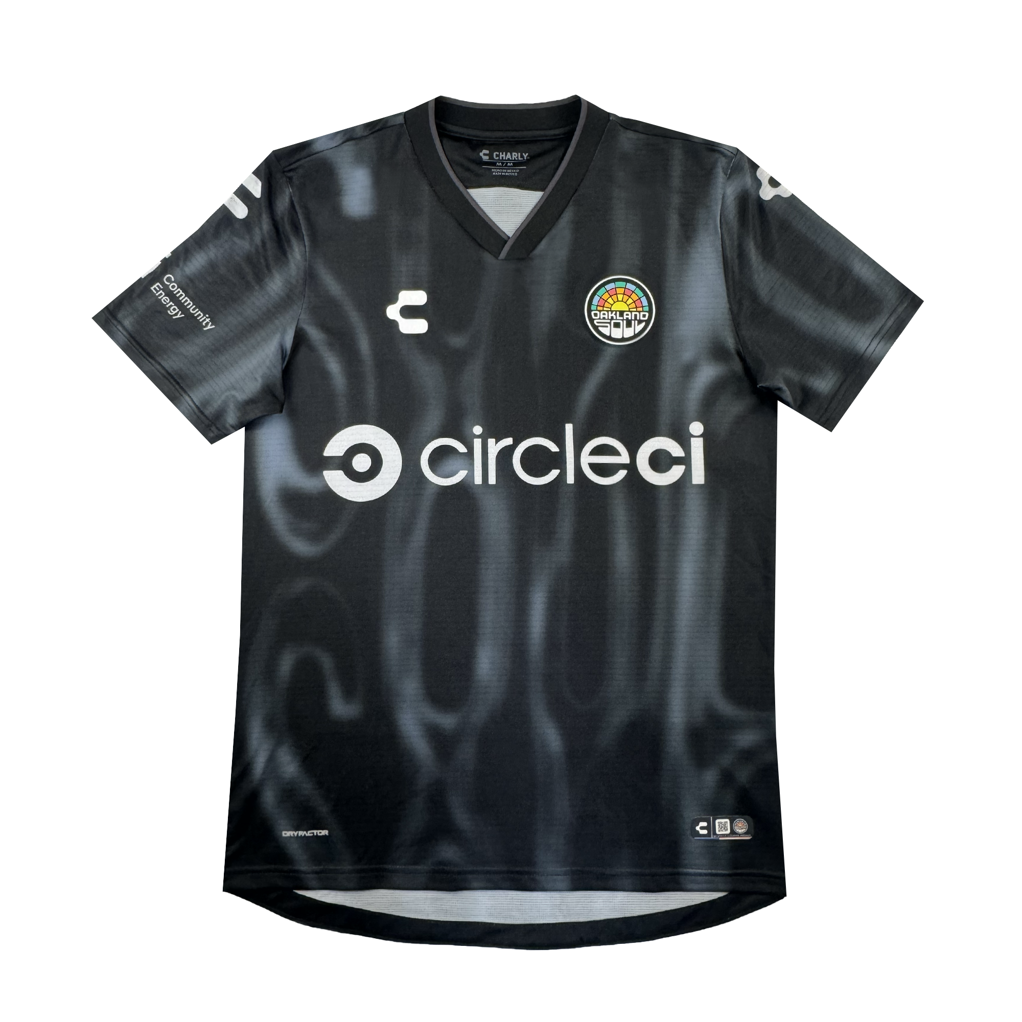 The Custom 2026 OAKLAND SOUL SC SPIRIT JERSEY by Oakland Soul features a black design with subtle wavy patterns, short sleeves, white logos including “circleci” across the chest, club badge on the left chest, and multiple small sponsor logos.