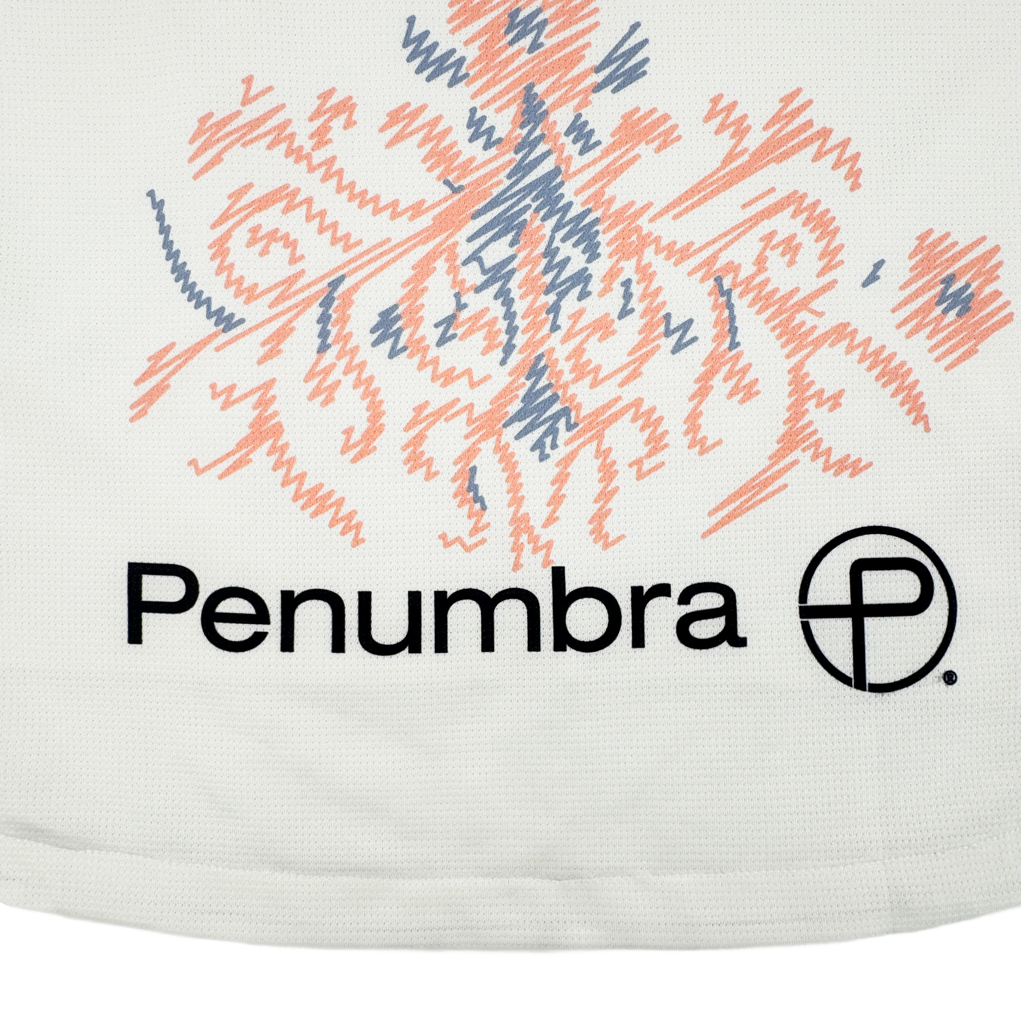 The 2026 OAKLAND SOUL SC FORM JERSEY by Oakland Soul is a white polyester jersey with abstract coral and blue zigzag embroidery, "Penumbra," and a circular logo with a stylized "P" in black on subtly textured fabric.