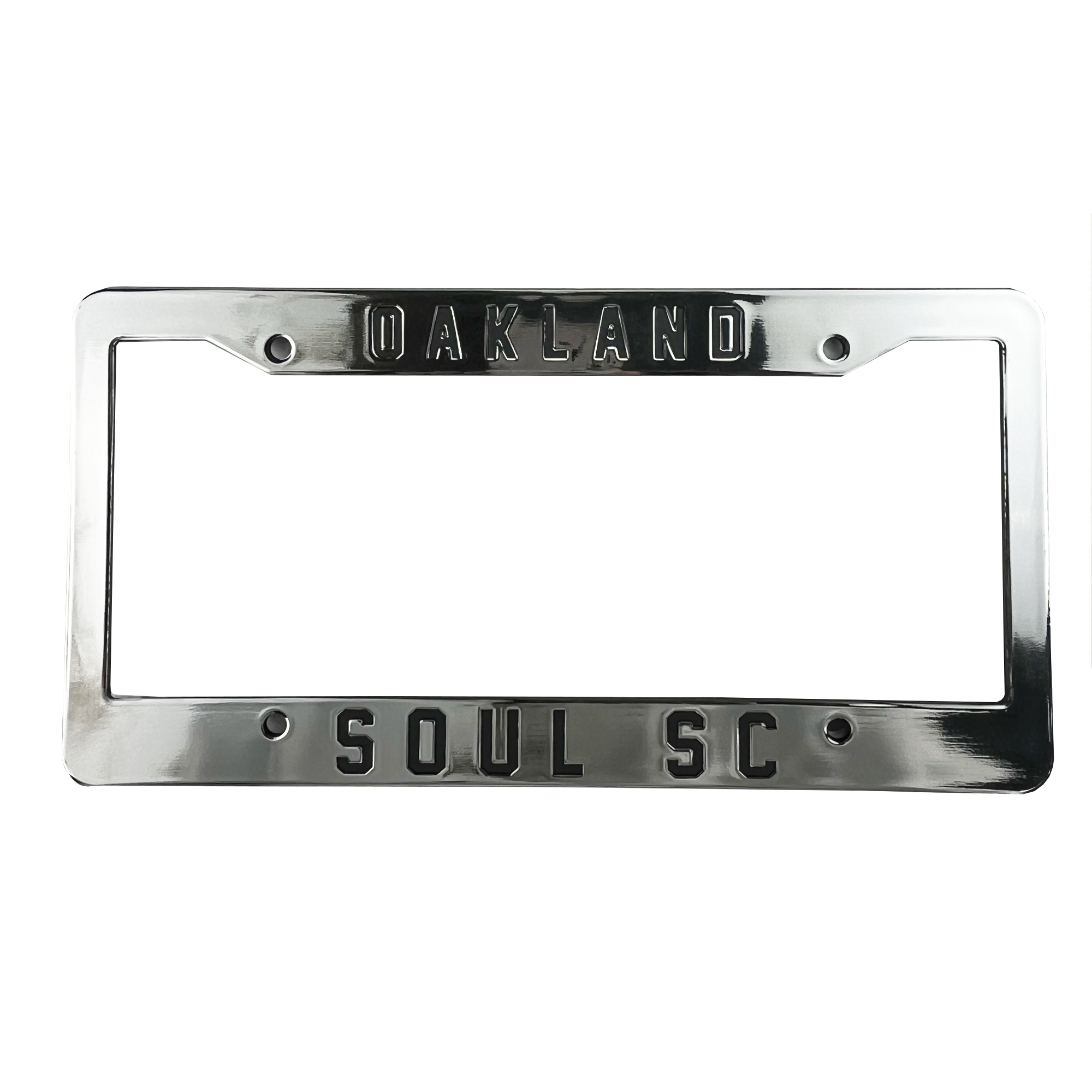 Introducing the Oakland Soul License Plate Frame by Oakland Soul. This metal frame boasts a dazzling, reflective chrome finish. "OAKLAND" is boldly engraved in black capital letters at the top, while "SOUL SC" is prominently displayed in black capitals at the bottom. It's an ideal accessory for fans of women's soccer and Oakland Soul to proudly show their support on the road.