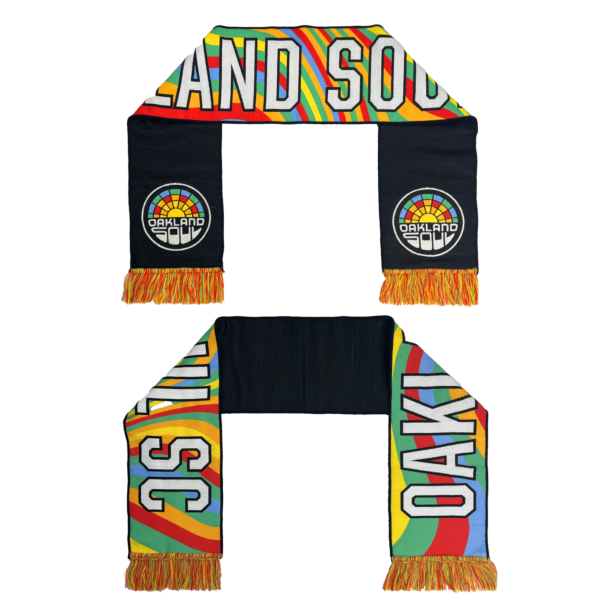 The Oakland Soul HD Woven Scarf by Oakland Soul showcases the team’s name in bold white letters, complemented by a vibrant pattern of diagonal stripes. This scarf is adorned with Oakland's circular logo on each end, featuring striking red, yellow, green, and orange hues along with matching colorful fringe—an ideal accessory for any USL W-League women's soccer enthusiast.