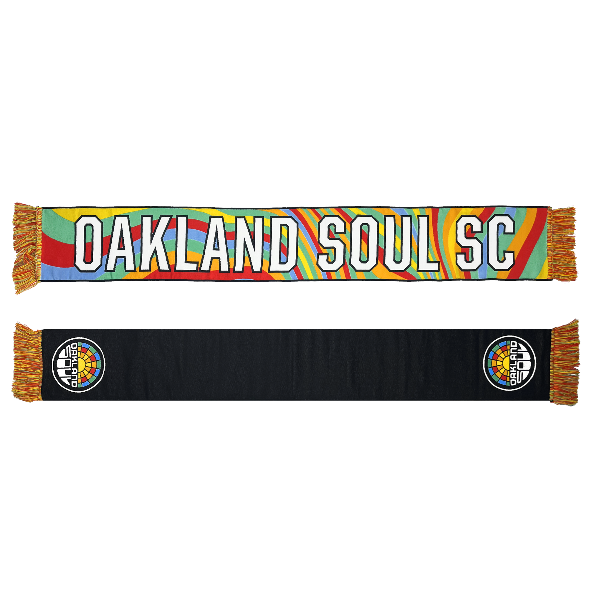 The Oakland Soul HD Woven Scarf from Oakland Soul showcases the text "OAKLAND SOUL SC" in bold white letters over a vibrant, wavy rainbow pattern, celebrating women's soccer and the USL W-League. Each end of the scarf features fringes in matching colors. The reverse side is solid black with the circular Oakland Soul SC logo on both ends.