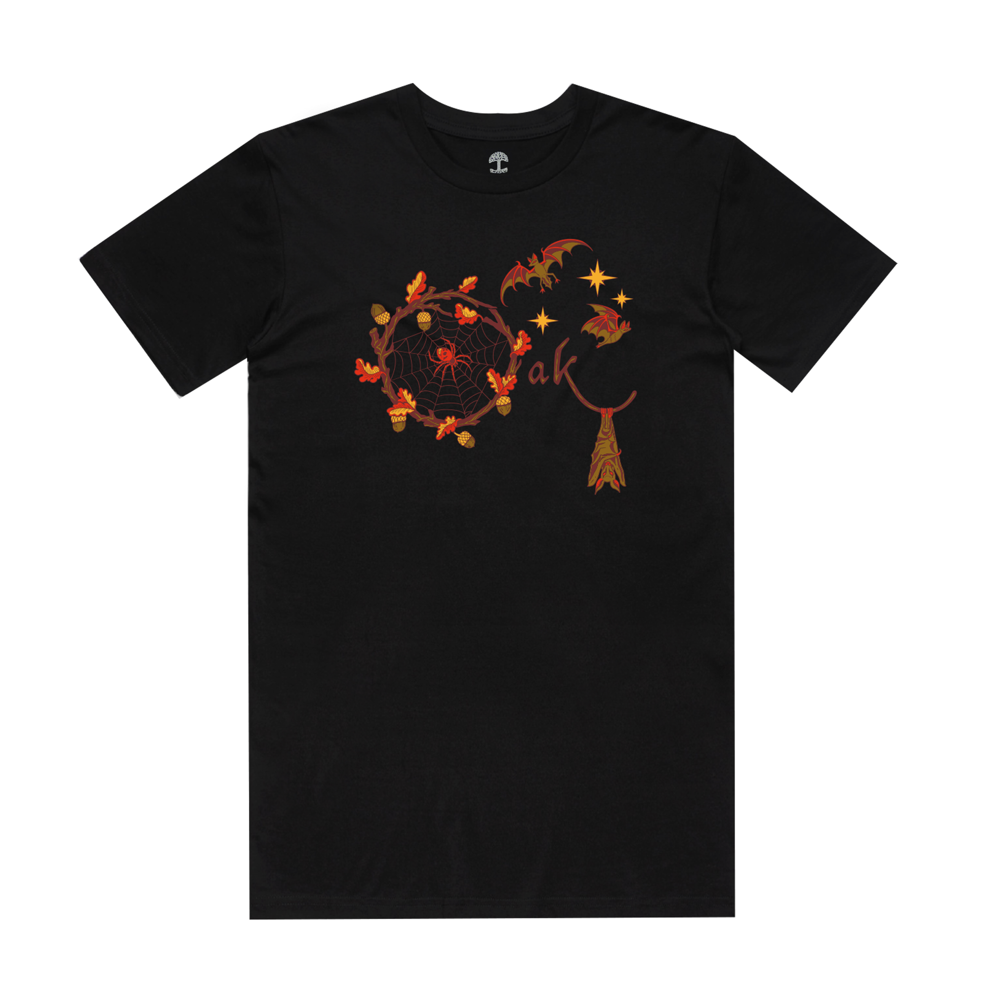 Introducing the "Spellbound Tee" from Oaklandish's men's collection, showcasing an autumn-themed design on a black T-shirt. The left side features a dreamcatcher with a vibrant red-orange web encircled by fall leaves, while the right side depicts bats flying among stars and autumn leaves with a feather below. Crafted from 100% cotton, this tee is adorned in warm hues of reds, oranges, and yellows.