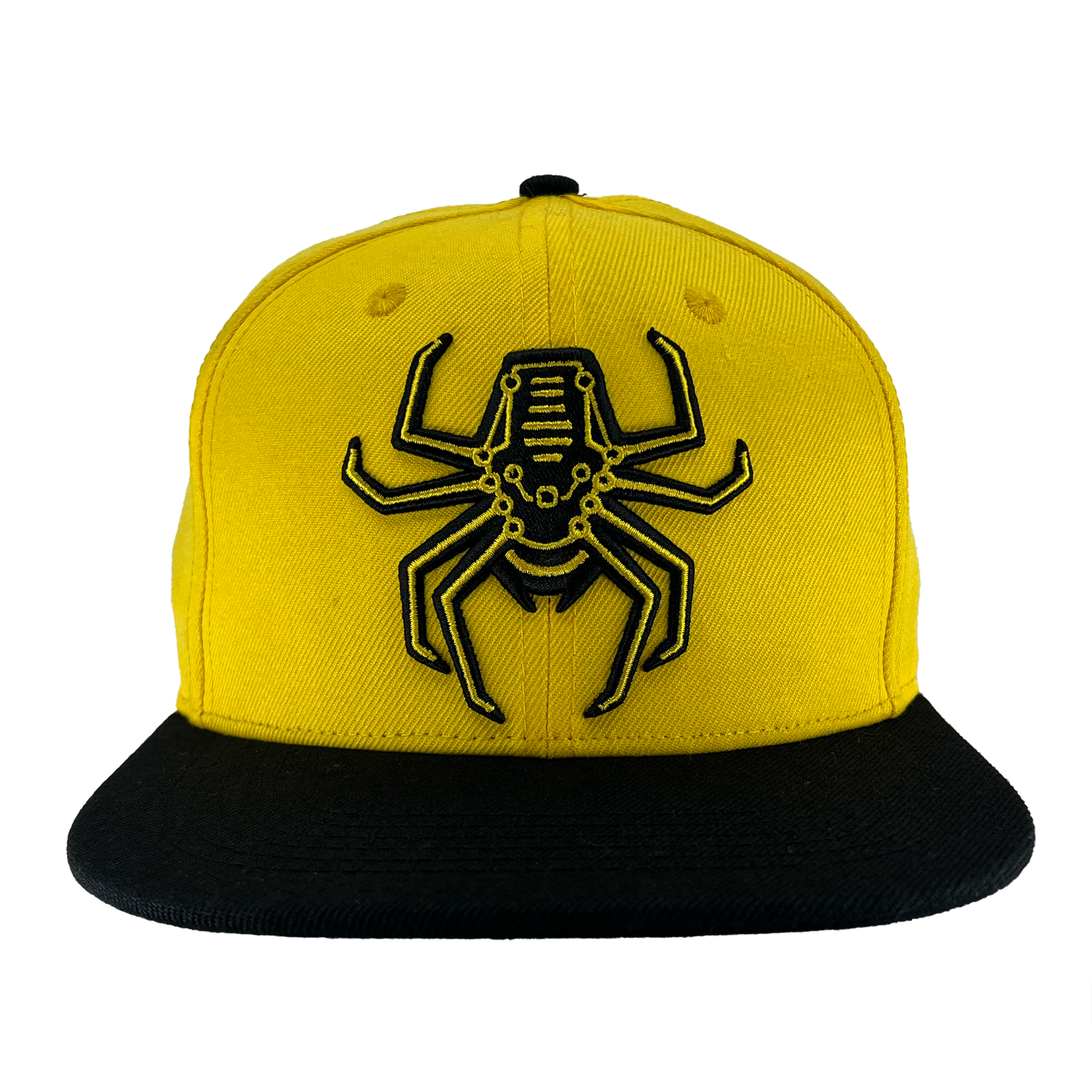 Front view of yellow snapback hat with Oakland Spiders logo on crown and black brim.