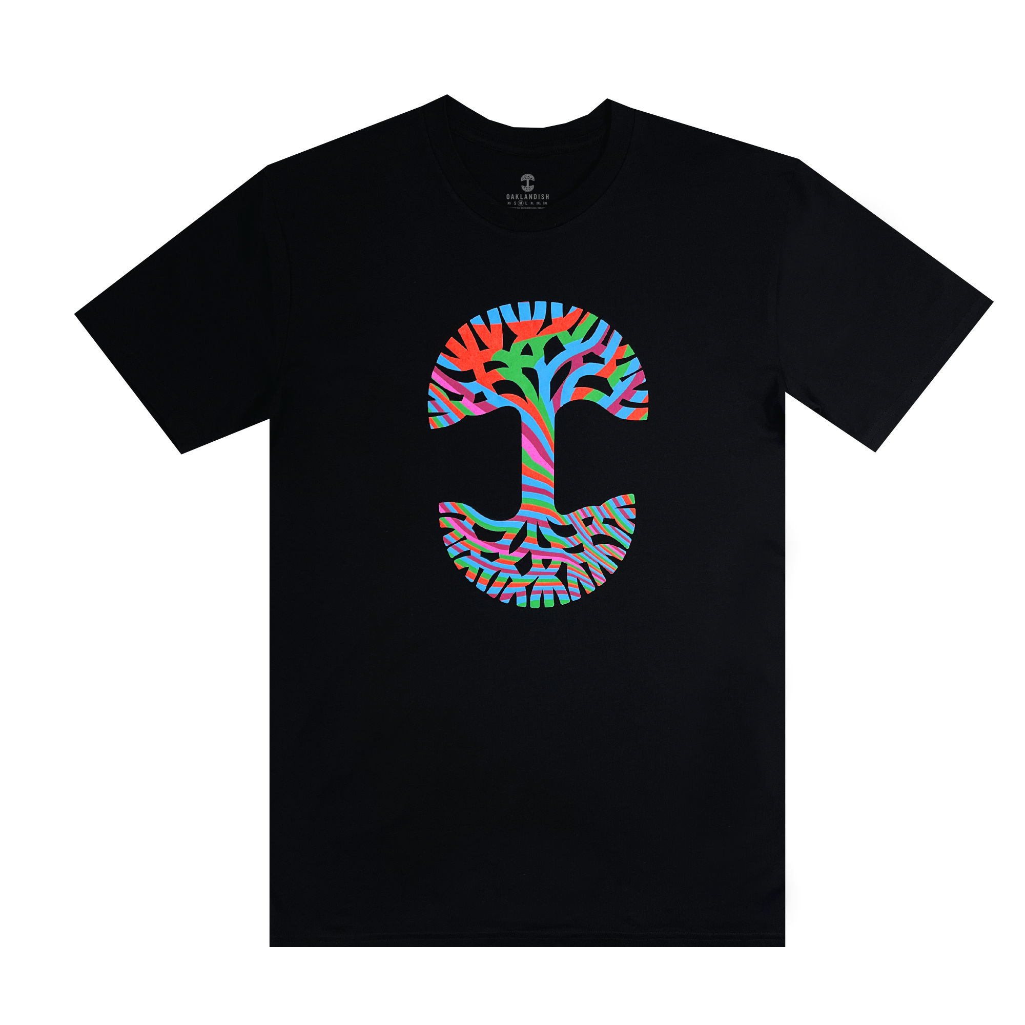 The Stripe Tree Tee by Oaklandish from the men's collection showcases a vibrant, abstract tree design at its center. Crafted from 100% cotton, this classic fit black T-shirt features a trunk and foliage created with multicolored, wavy lines in shades of red, blue, yellow, and green. The roots form a semicircle pattern beneath the tree.