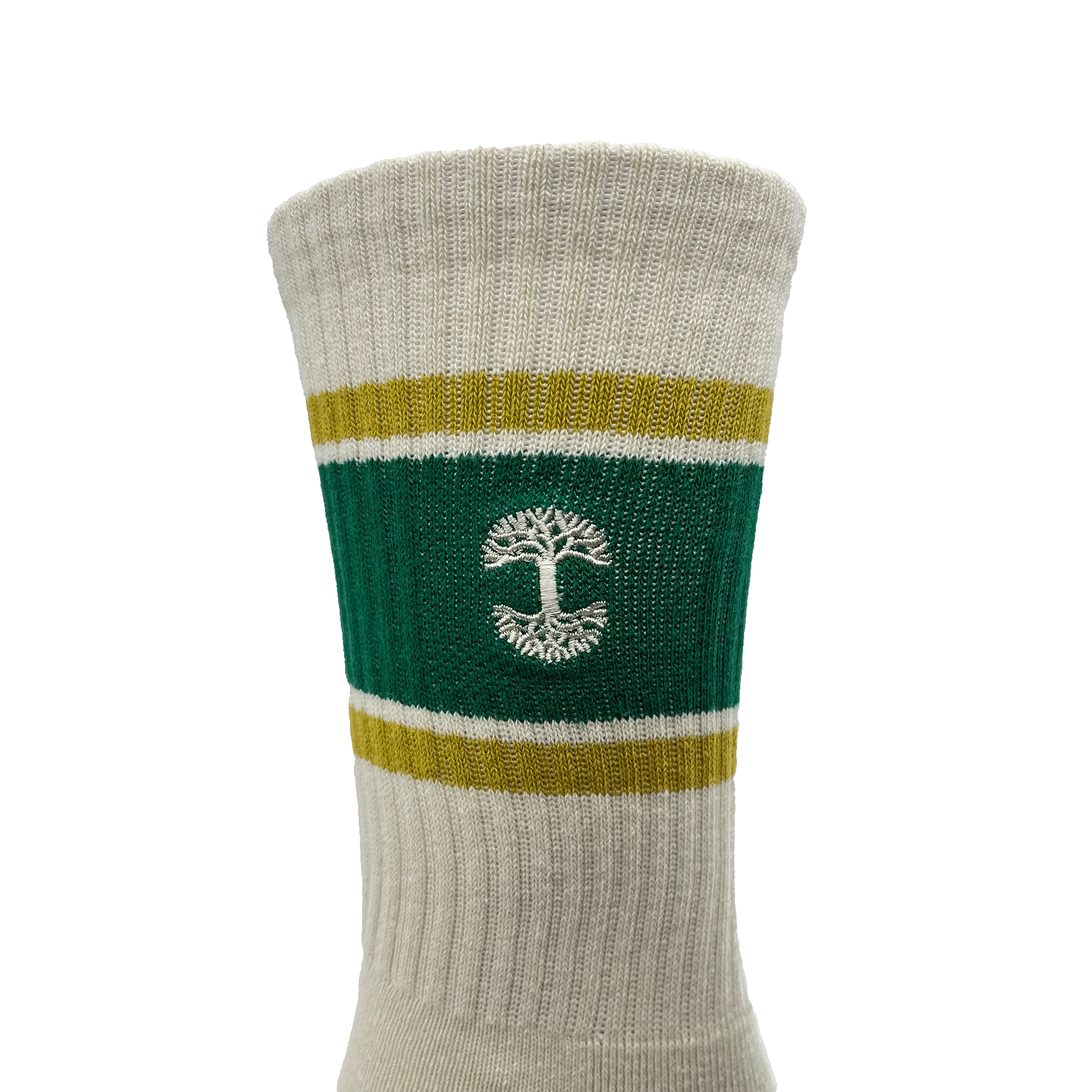 A close-up view of the Striped Classic Sock by Oaklandish, offered in adult sizes. This beige crew sock features a green band with yellow borders around the calf area, showcasing a white tree emblem knitted in the center. Made from 70% cotton, it has a ribbed texture and appears to be mid-calf length.
