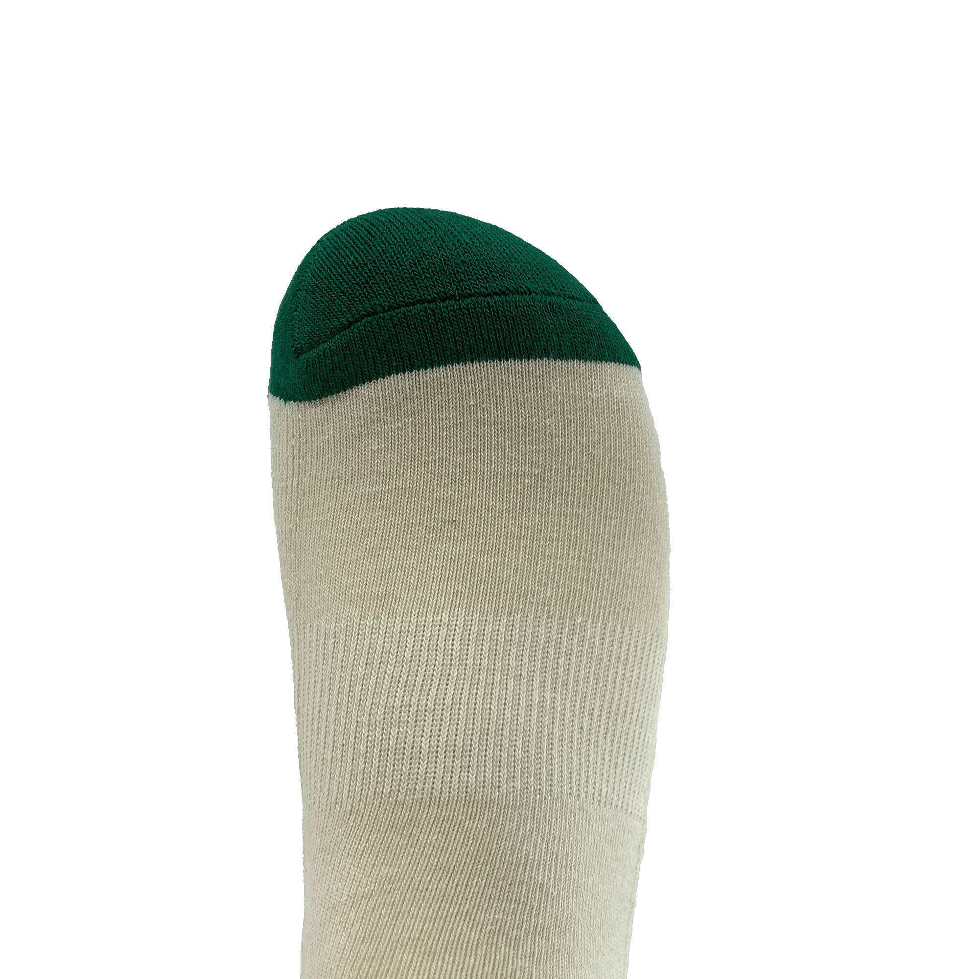 Image showing a close-up of a single foot wearing the Oaklandish Striped Classic Sock. The sock, available in adult sizes, is primarily light gray in color with a dark green toe section. Made with 70% cotton, the background is plain white, emphasizing the sock and its contrasting colors.