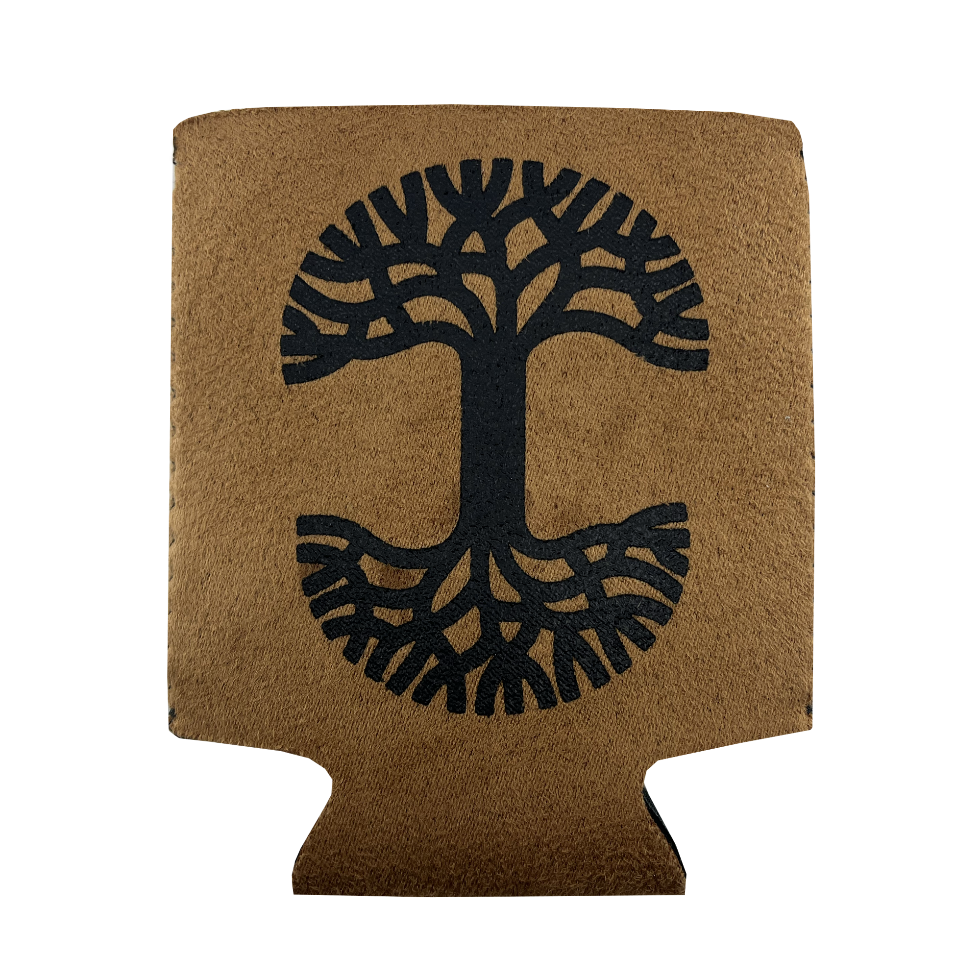 The Oaklandish Suede-ish Can Cooler by Oaklandish is a brown beverage koozie featuring a stylized black tree design. The tree's branches and roots are symmetrical, extending outward within an oval shape, creating a balanced and artistic representation. The soft, suede-like texture is complemented by a Neoprene interior for added insulation.