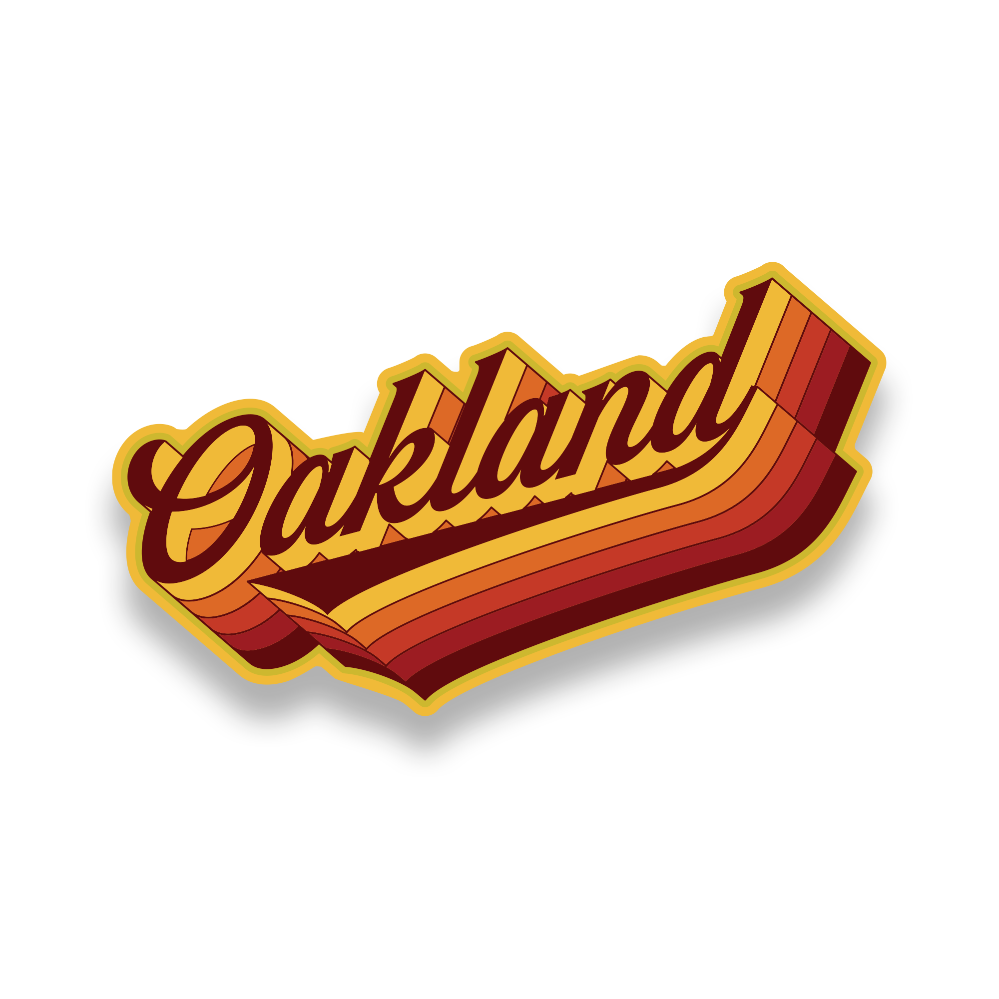 The Swash Sticker by Oaklandish features "Oakland" in a bold, retro-style font with shades of yellow, orange, and red on a black background. The modern ribbon-like effect makes it perfect for eye-catching decor or accessories.